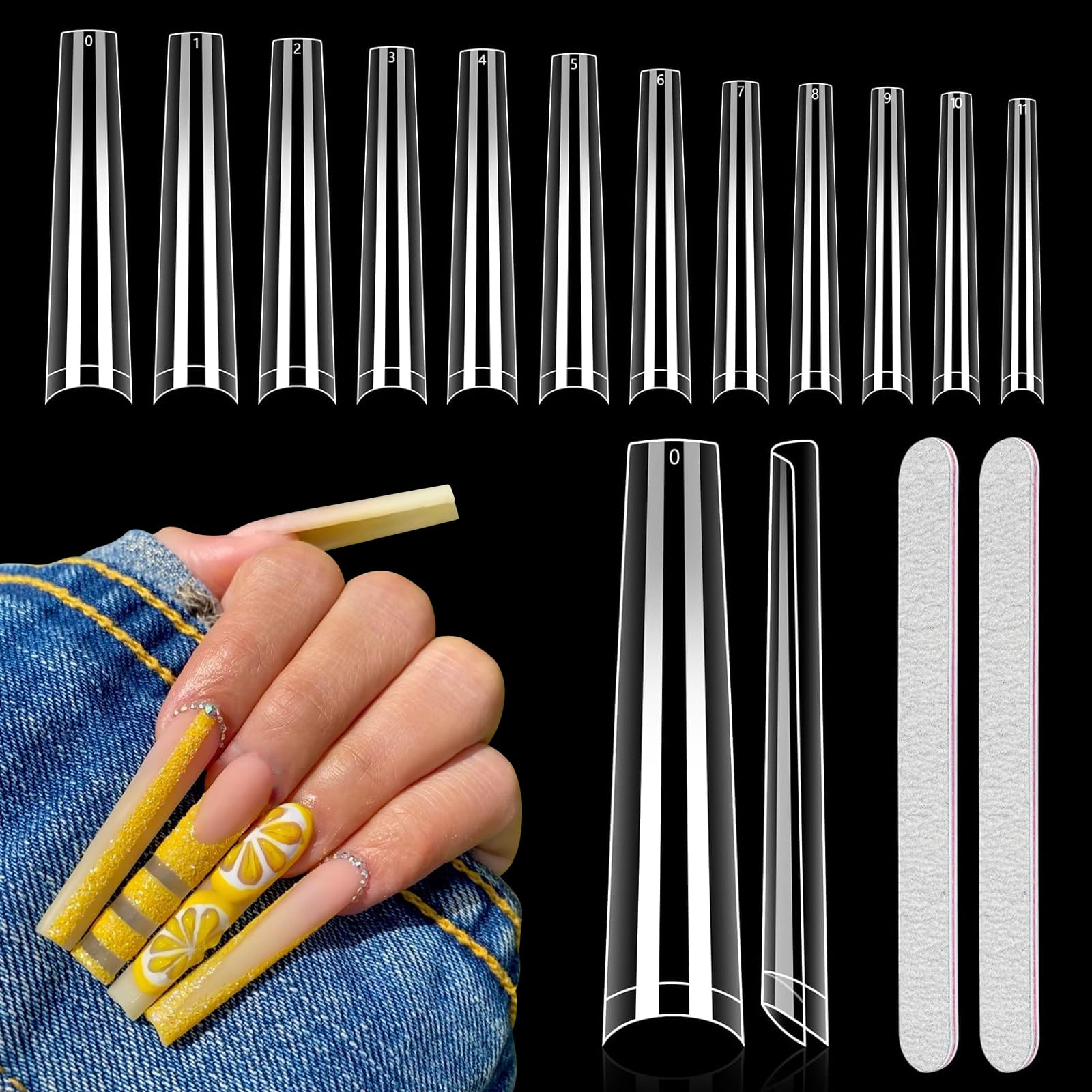 Long Clear Coffin Nails Tips: 504Pcs XXXL Extra Long No C Curve Nail Tips Coffin - Half Cover Gel Acrylic Nail Tips for Women Salons Home DIY with 2