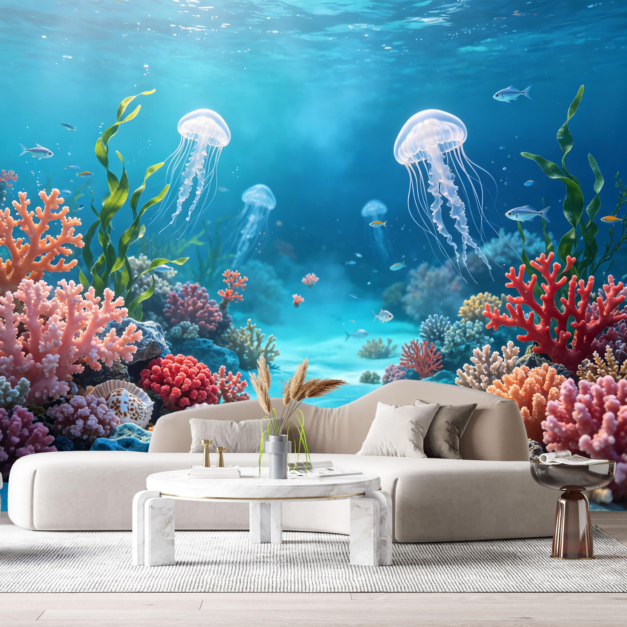 Custom Size Wall Murals Ocean Marine Watercolor Jellyfish Coral Reef SelfAdhesiveWall Fabric Removable Wallpaper Wall Decor for Living Room Bedroom Bathroom