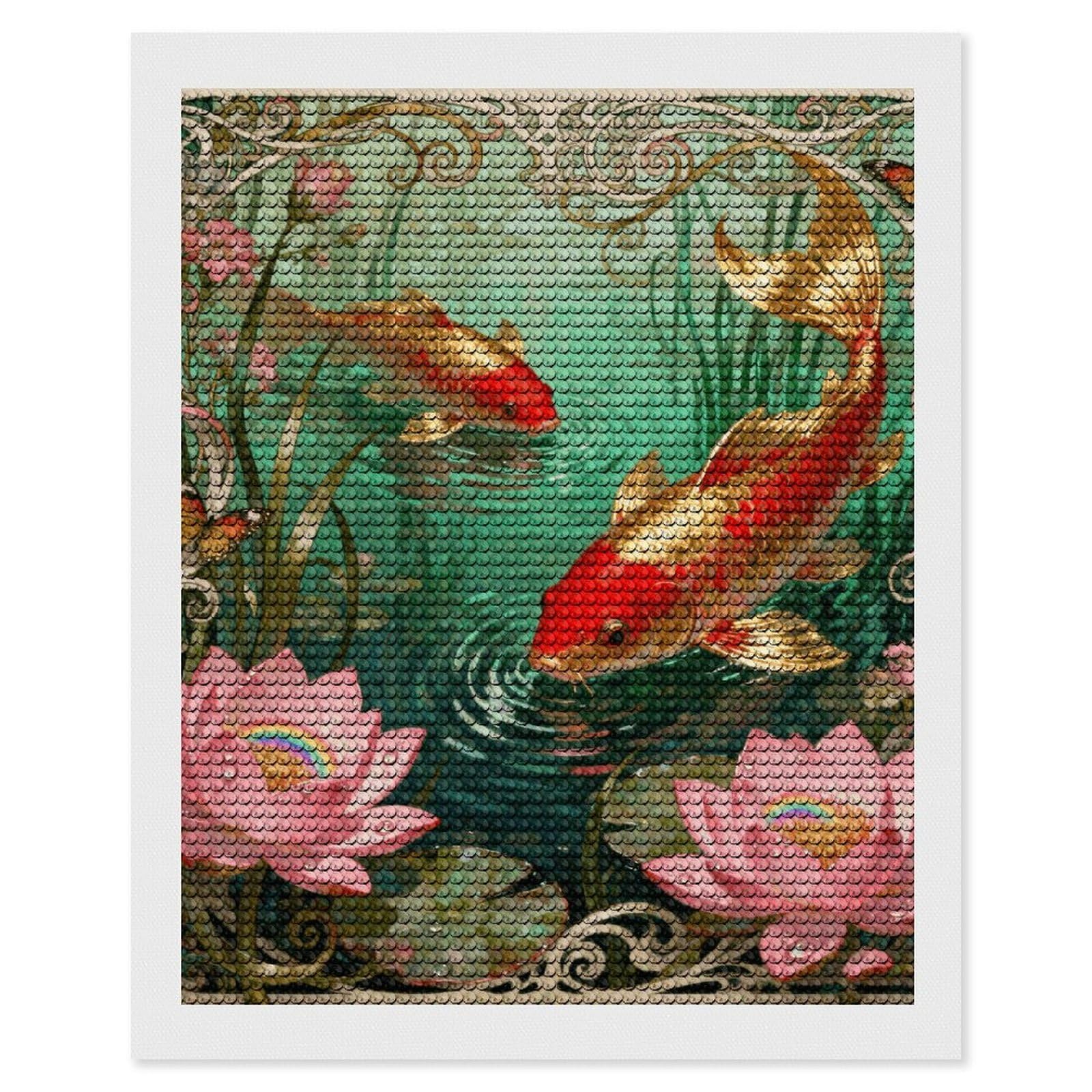 DWVTSLH Koi Lotus Pool Diamond Painting Kits for Adults, Personalized Diamond Photo Art Full Drill, DIY 5D Diamond Art Painting Kits for Beginners, Home Wall Decor 16"x20"