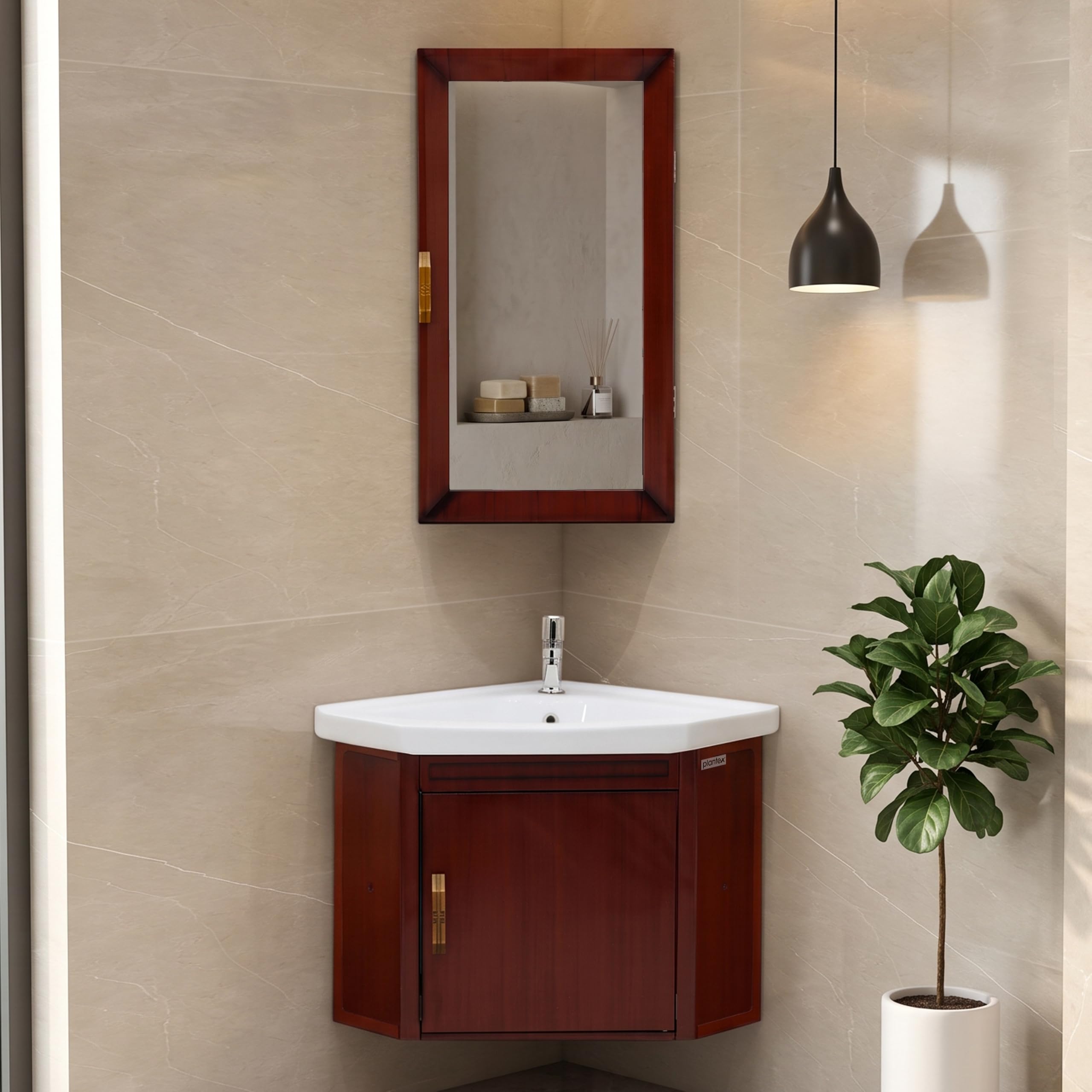 Plantex Vanity Set for Bathroom/Wall Mount Vanity Cabinet with Washbasin and Mirror/Corner Washbasin with Unbrackable Cabinet Full Set/Bathroom Accessories - (461, Brown) discount deal