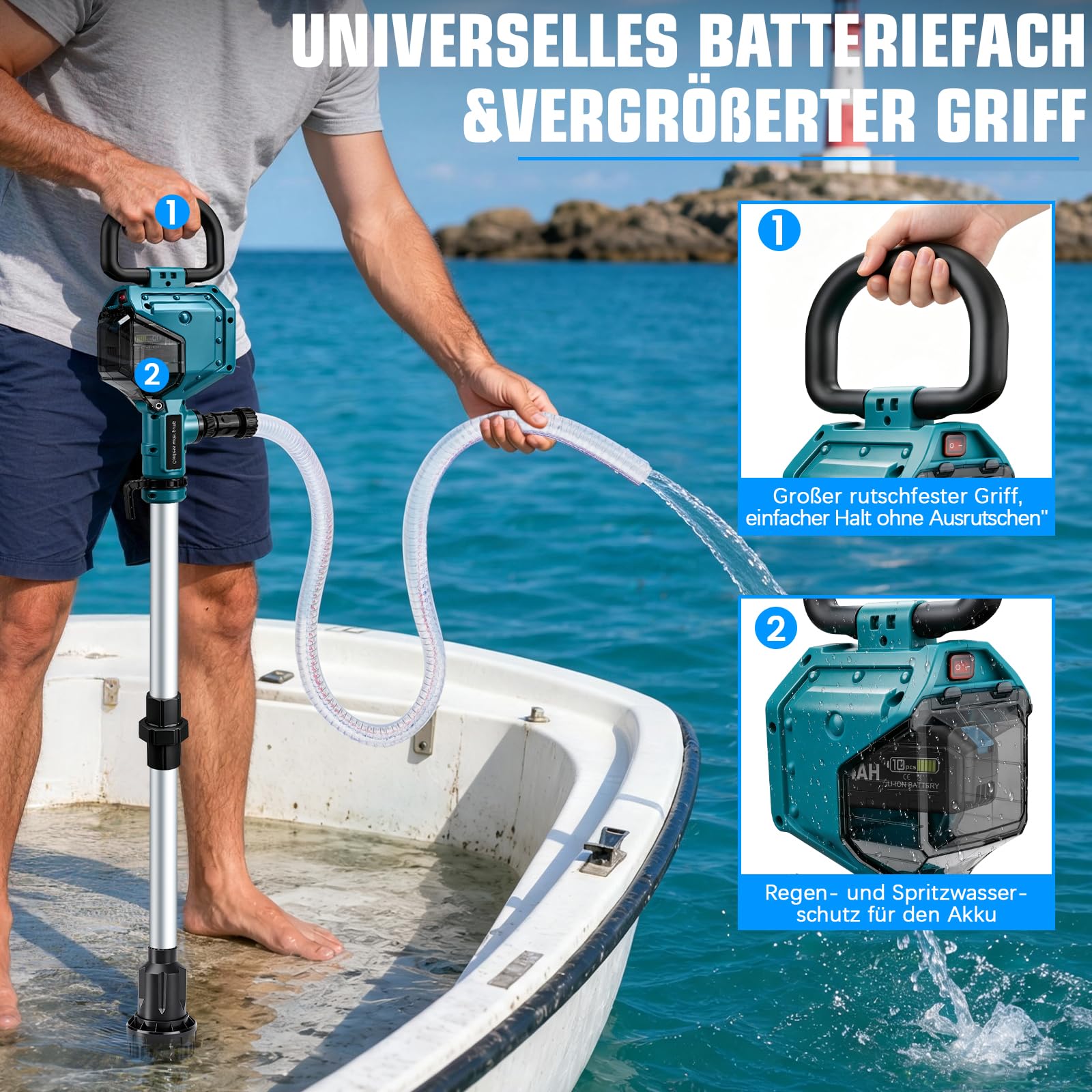 Akku Regenfasspumpe, 3600 L/h, 10m Förderhöhe, 2 x4.0Ah Akkus, Bürstenlos | mit Gartensprühdüse & 2m Schlauch, Kabellose Wasserpumpe Akku Tauchpumpe Kompatibel mit Makita 18V für Pool/Gärten/Teiche