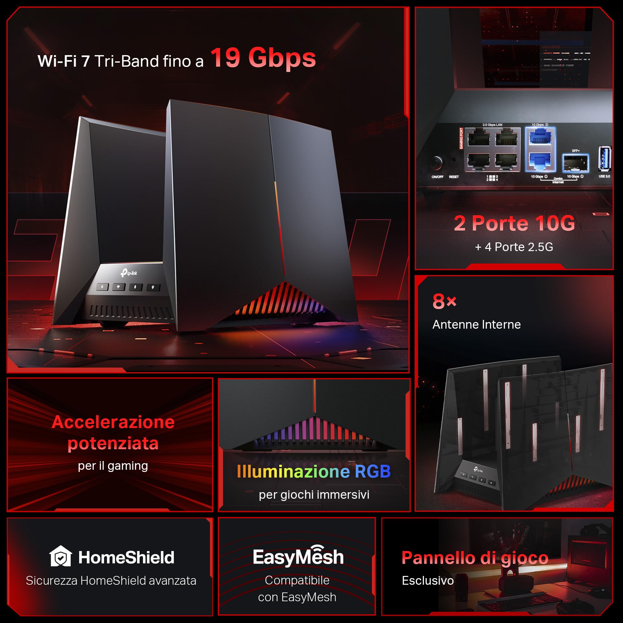 TP-Link Archer GE800 Router Wi-Fi 7 Tri-Band BE19000, 2 Porte 10G+4 Porte 2.5G, Canali 320MHz, 4K-QAM, Beamforming, 8 Antenne Interne, Home Shield, Compatible con EasyMesh, Alexa, non supporta xDSL