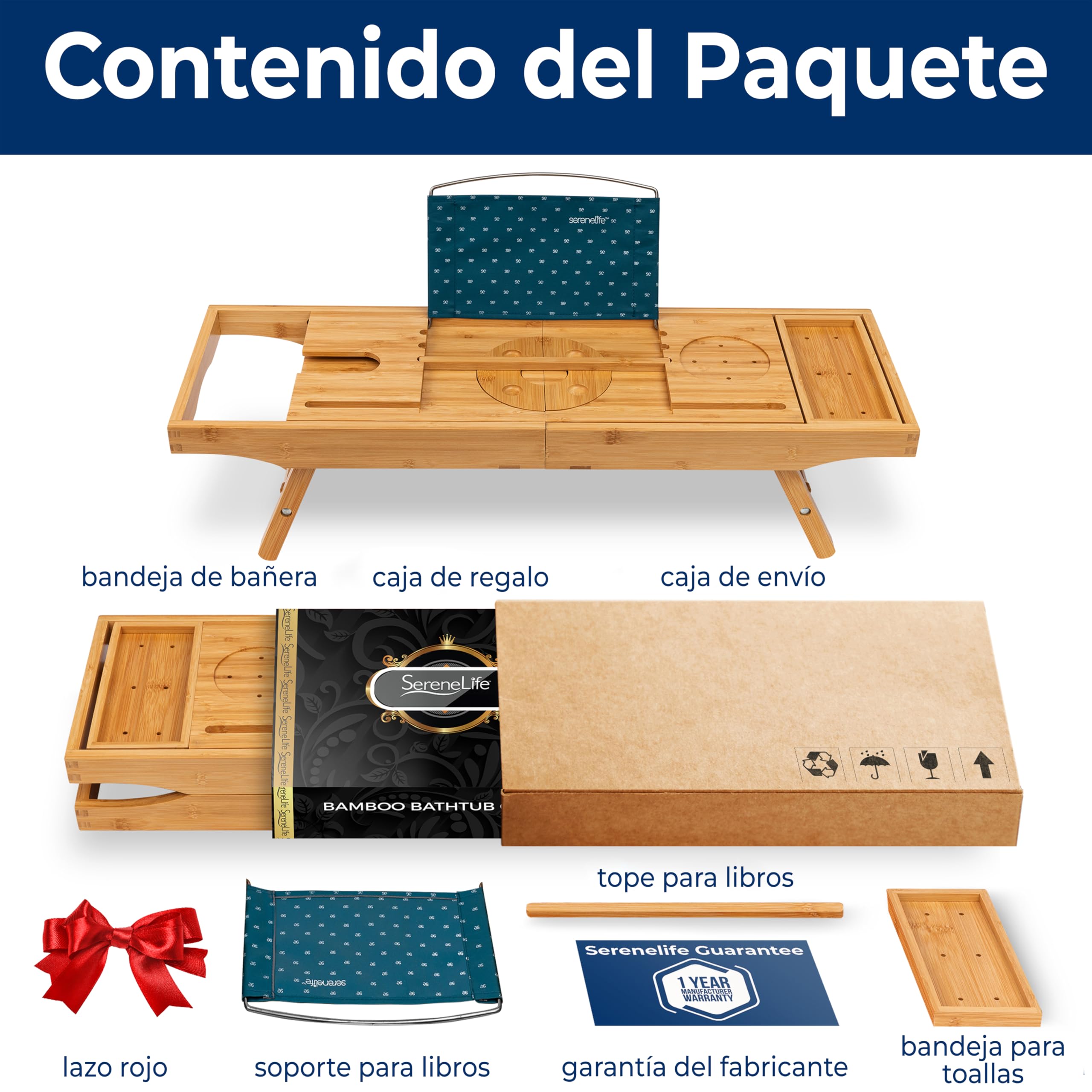 SereneLife Bandeja 2 en 1, para Cama y baño, Caddy, Plegable de Bambu, Longitud Ajustable, Antideslizante, Soporte para Dispositivos, Ranura para Copa de Vino