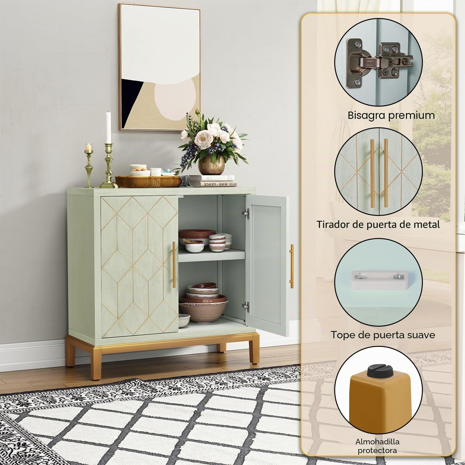 HOLTICO Armario de cocina, armario de baño, armario de salón, armario verde con estante ajustable, armario independiente para cocina, baño, salón, garaje, líneas doradas y patas