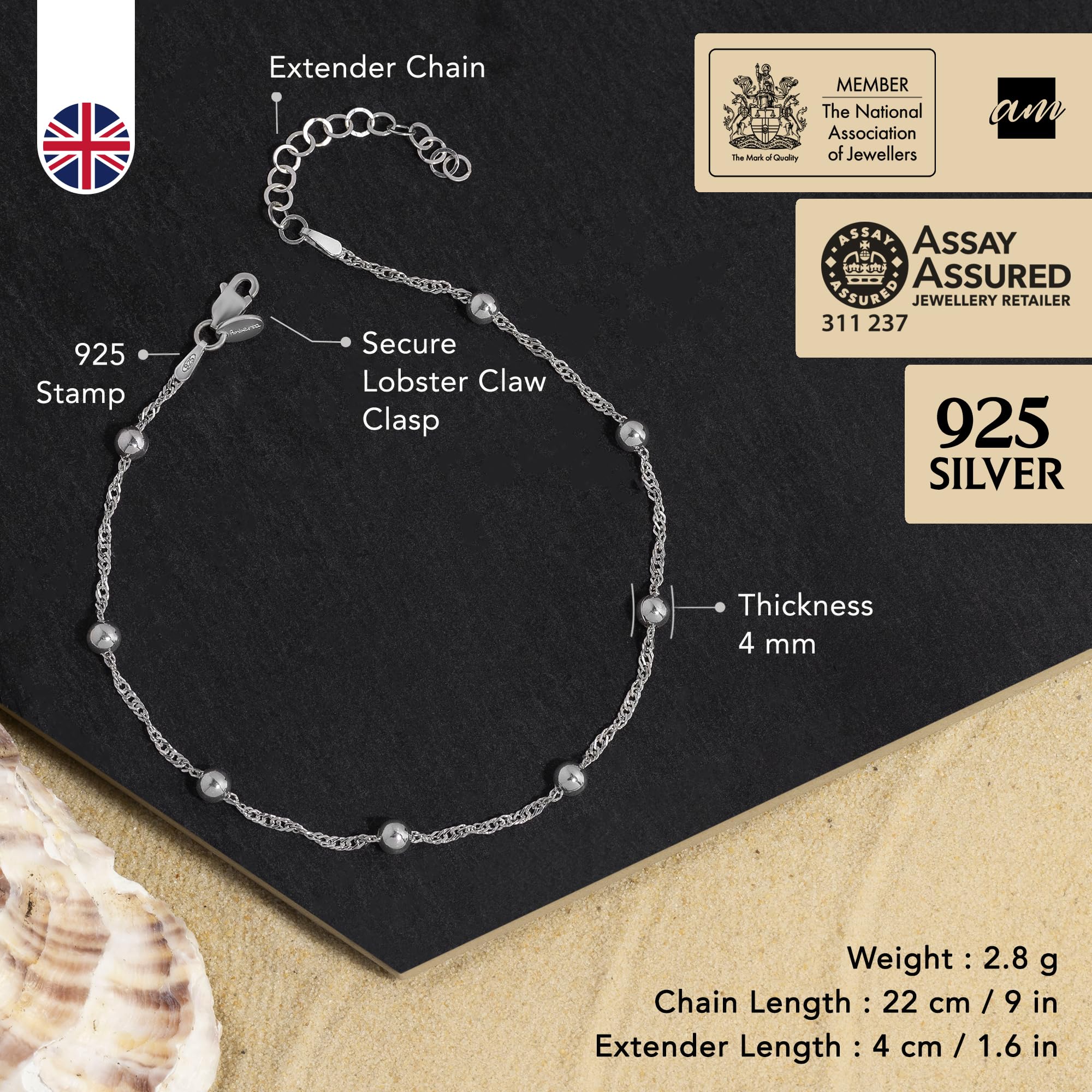 Amberta Tobillera Plata de Ley 925 para Mujer | Pulsera Tobillera Plata Italiana | Joyas Verano