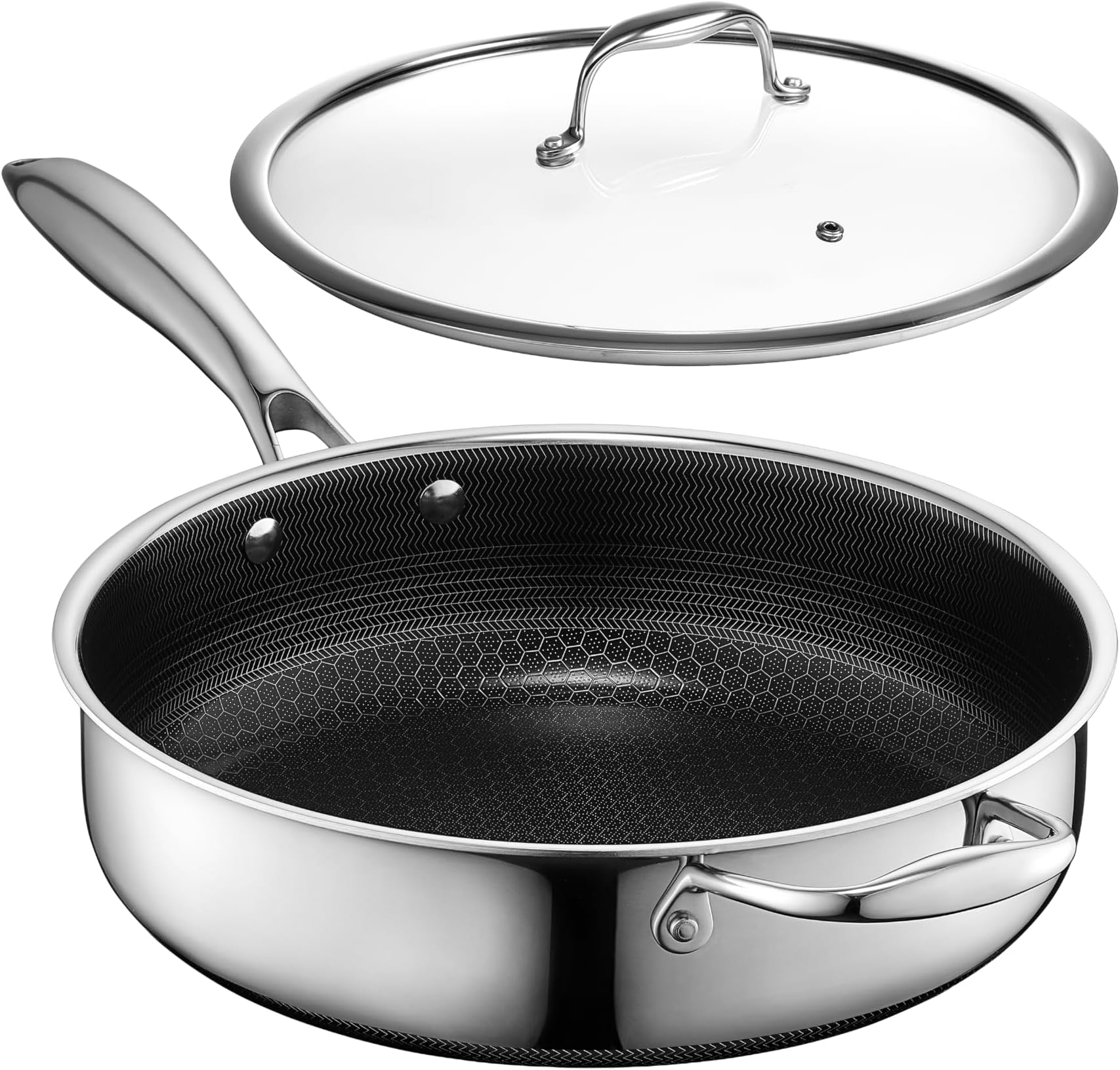 Hybrid Nonstick 3.3-Quart Deep Sauté Pan with Tempered Glass Lid, Stay-Cool Handle, Dishwasher-Friendly, Oven-Safe Up to 900°F, Induction Ready, Compatible with All Cooktops