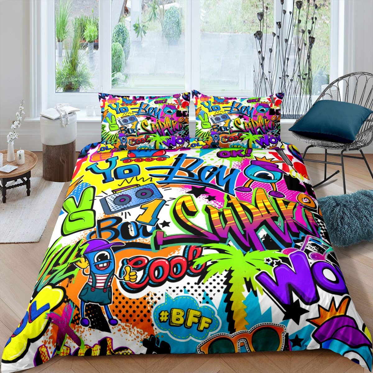 Teens Graffiti Pattern Duvet Cover Boys Hippie Graffiti Style Bedding Set Hip Hop Style Comforter Cover for Kids Child Room Decor Street Culture Theme Bedspread Cover Single Size With 1 Pillow Case