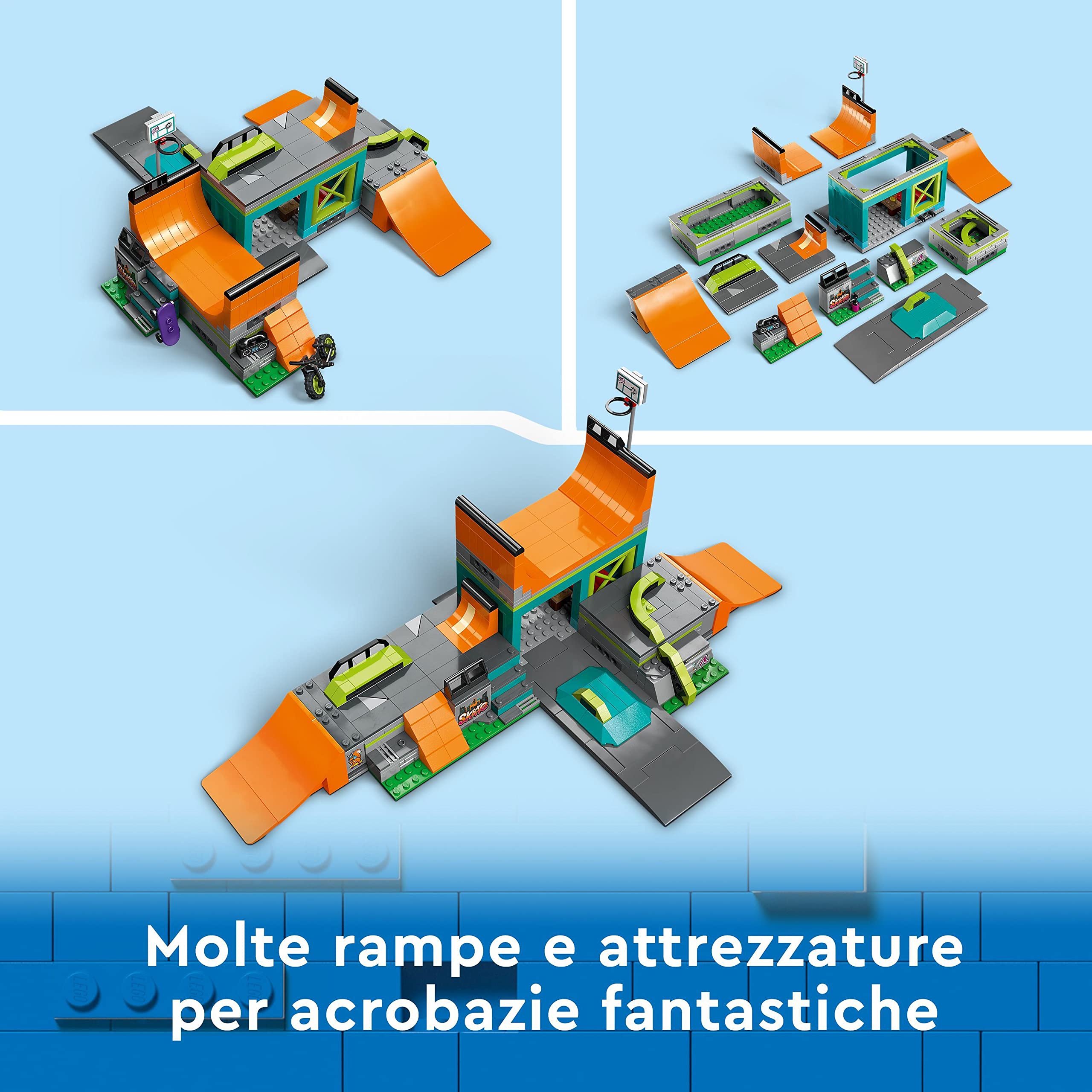LEGO City Skate Park Urbano, Gioco per Bambini e Bambine da 6 Anni in su con Bicicletta BMX Giocattolo, Skateboard, Monopattino, Rollerblade e 4 Minifigure per le Acrobazie 60364