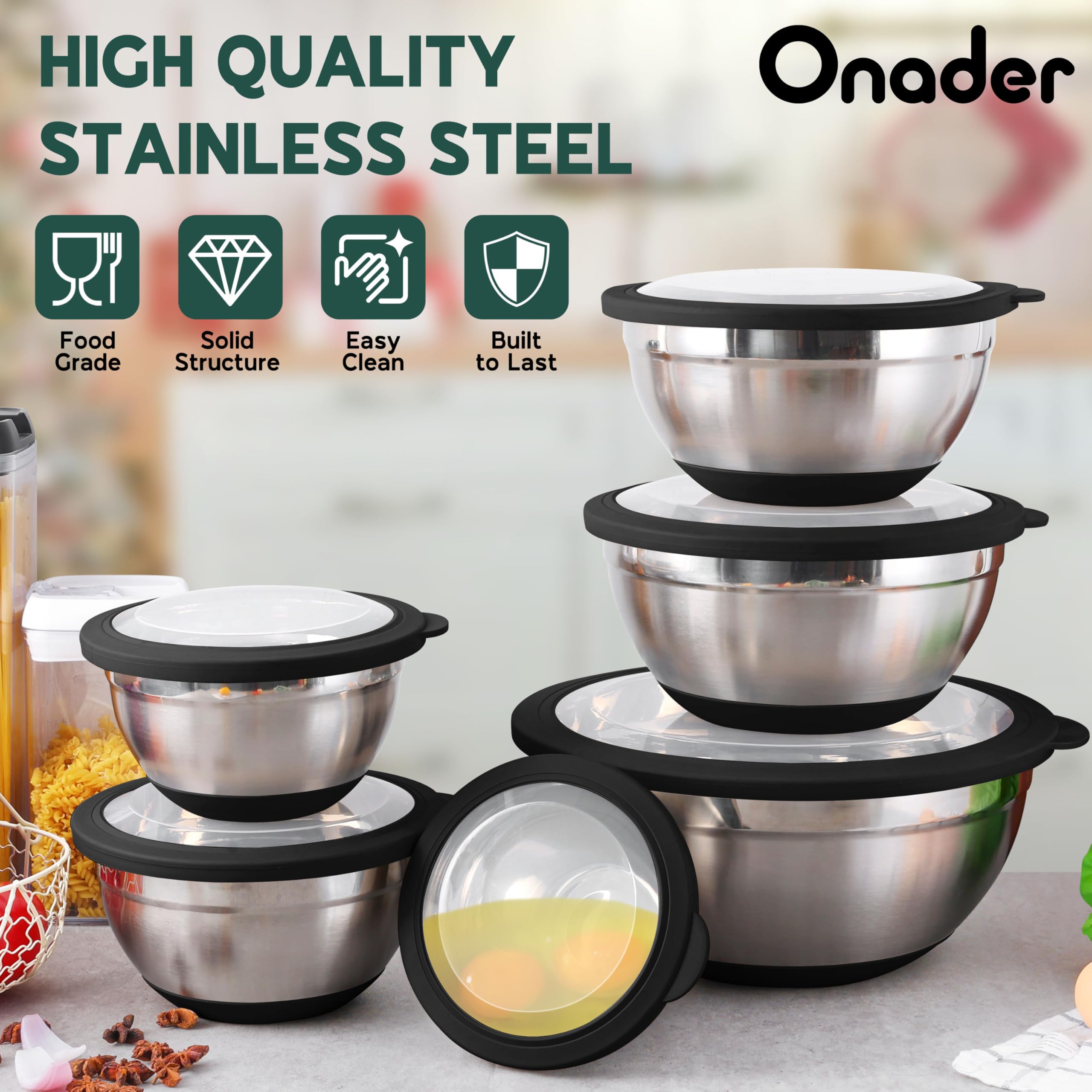 Onader Rührschüsseln mit Deckel 6er Set für Küche Edelstahl Metall Nistschalen mit rutschfestem Boden Schwarz - Größe 1, 1,5, 2, 2,6, 3,5, 7QT