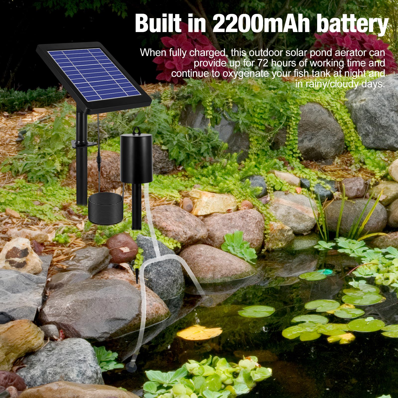 Solar Teich Luftpumpe, Solar Teichbelüfter, 4W & 2200mAh Luftsprudler für Teich Outdoor, 3 Modi & No Noise Luftpumpe Aquarium mit 2 Luftblasensteinen, Solarbetriebene Teichbelüfter für Teiche Fish