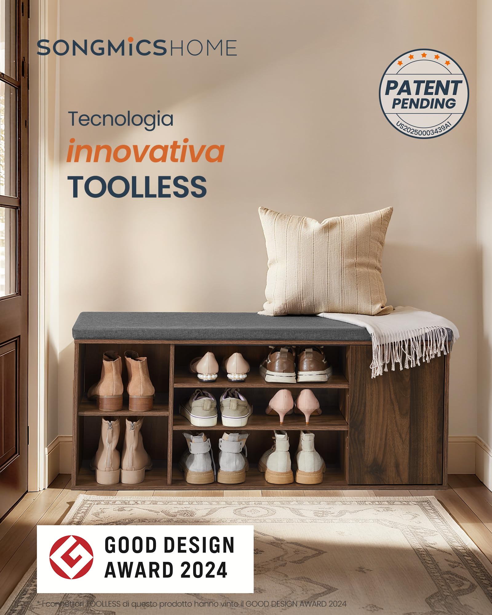 SONGMICS HOME Panca Scarpiera, Montaggio Rapido Senza Attrezzi Toolless, Panchina con Scomparti Aperti, Ripiani Regolabili, Portascarpe, Bianco Neve e Grigio Ardesia LHS391WE01