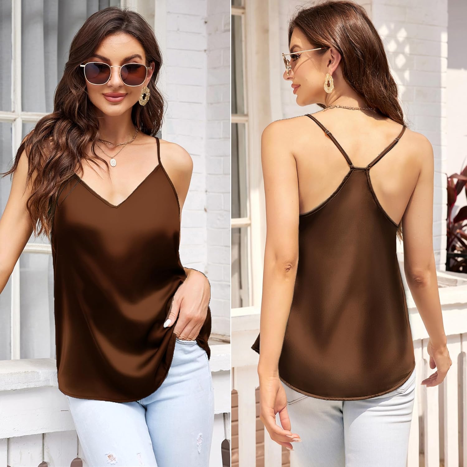 Ekouaer Womens Satin Cami Tops 2 Pack V Neck Silk Camisole Tank Top Spaghetti Strap Racerback Camis Blouse Shirt - Image 5
