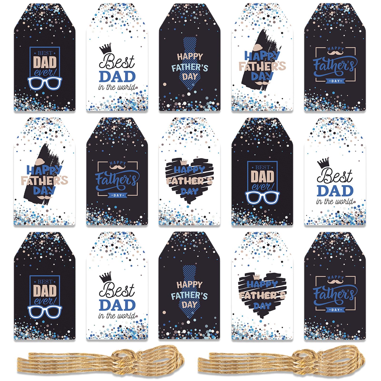 60 Pcs Happy Father's Day Paper Tags with String Glasses Heart Tie Pattern Candy Bag Wrapping Labels Party Decoration Supplies