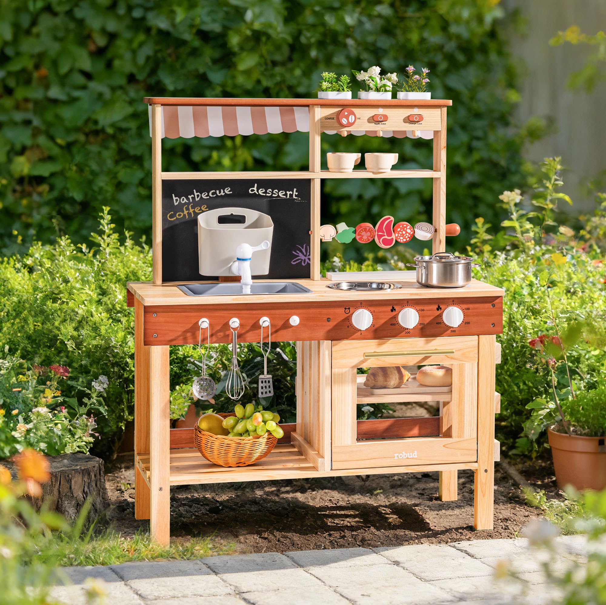 ROBUD Cucina da gioco in legno per bambini, cucina da esterno con lavello, macchina per il caffè, griglia per barbecue, forno e lavagna, gioco di finzione con accessori per bambini bambine 3+