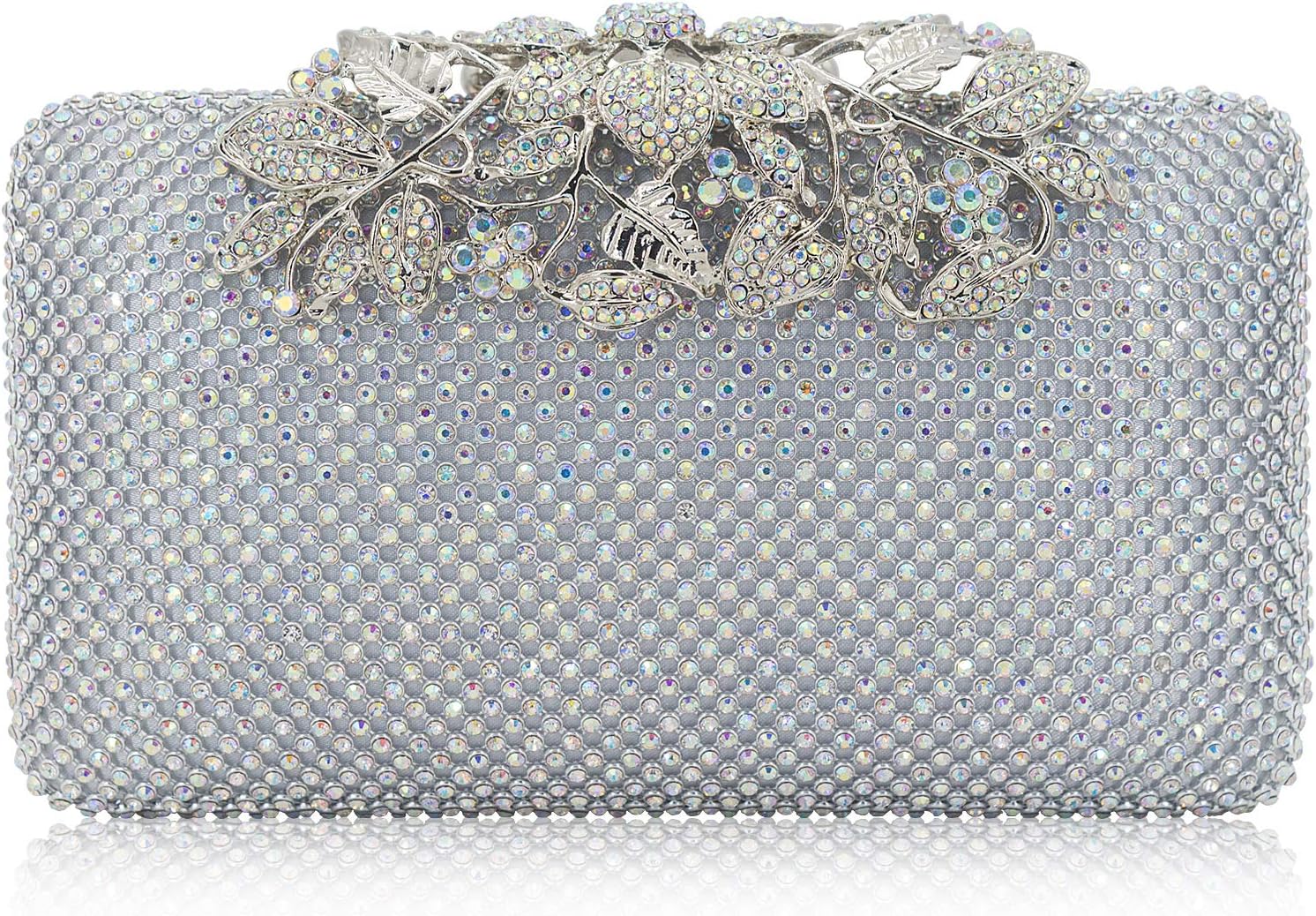 Womens Evening Bag with Flower Closure Rhinestone Crystal Clutch Purse for Wedding Party