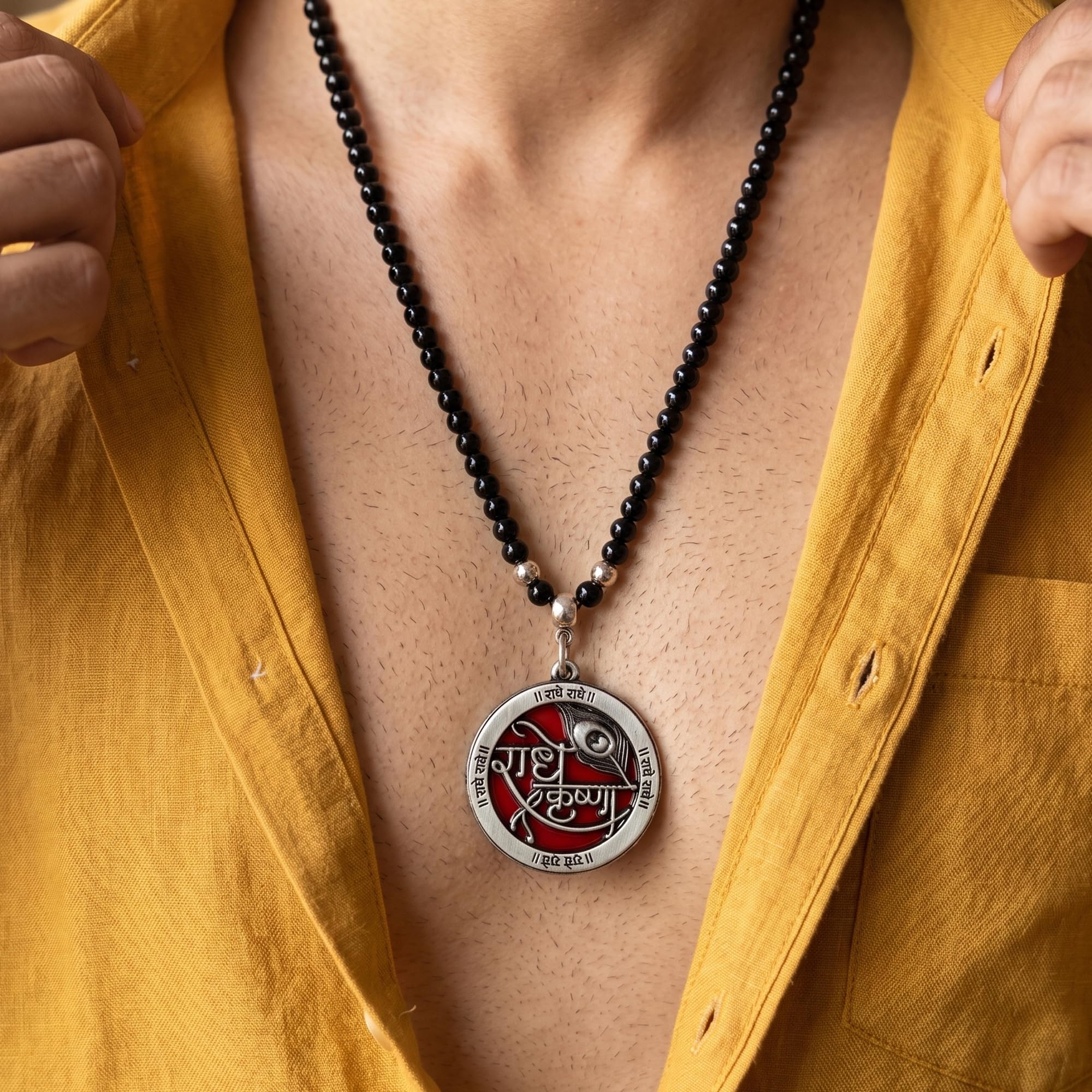 Radhe Krishna Pendant with Black Beads | Spiritual Devotional Chain for Men-image-37