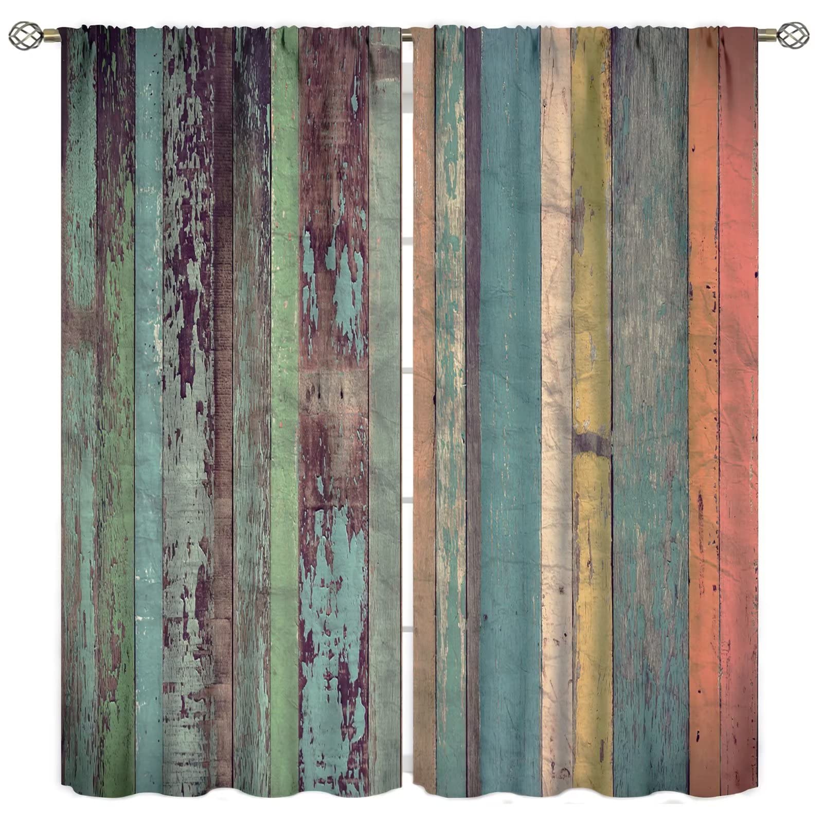 Cortinas de ventana de estilo rústico de granjas, tableros de madera coloridos vintage, fondo de habitación, oscurecimiento de la habitación, cortinas con bolsillo para cortinero para sala de estar,