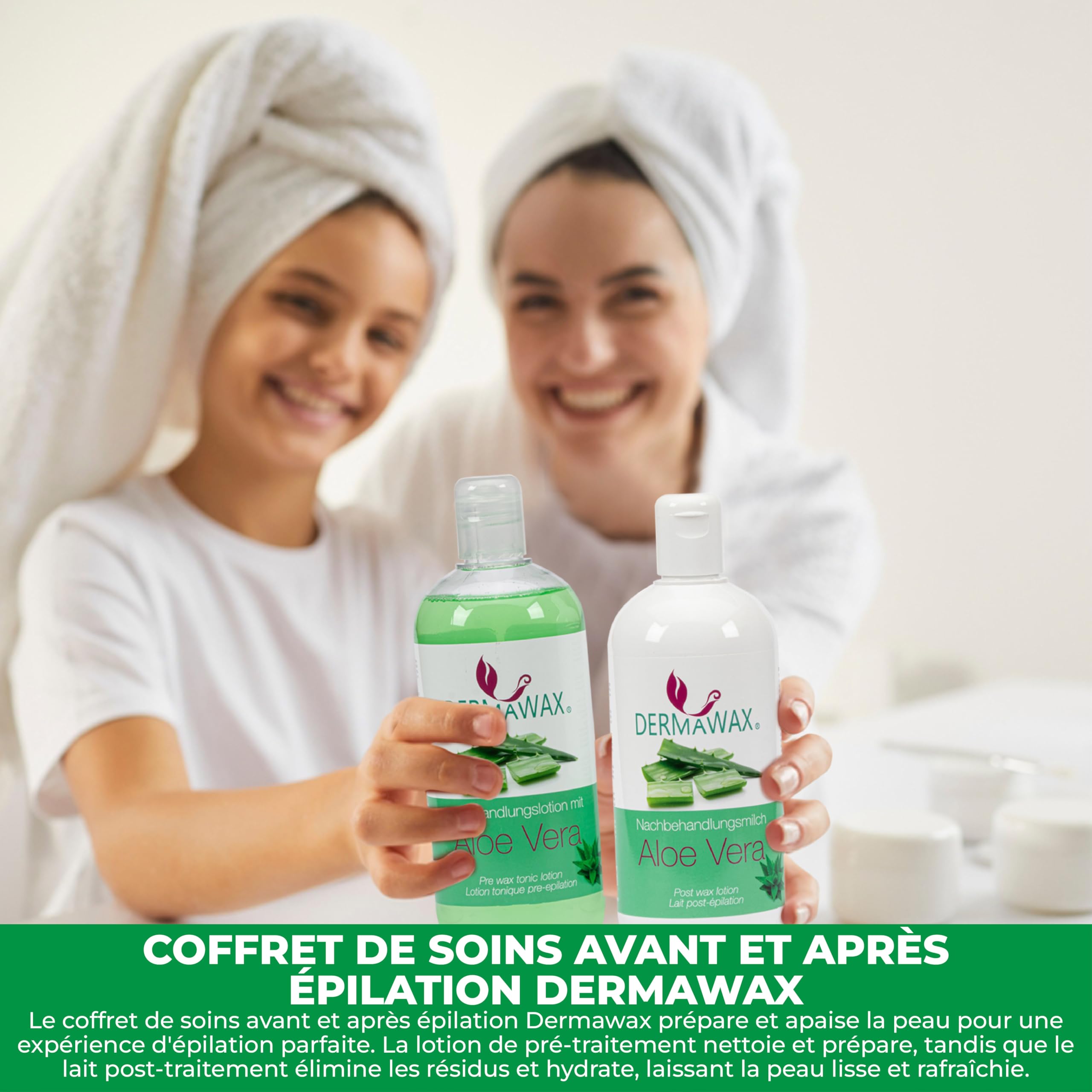 Image secondaire de Épilation à la cire pré et post-traitement. Lotion de prétraitement à l'aloe vera et lait de post-traitement à l'aloès vera