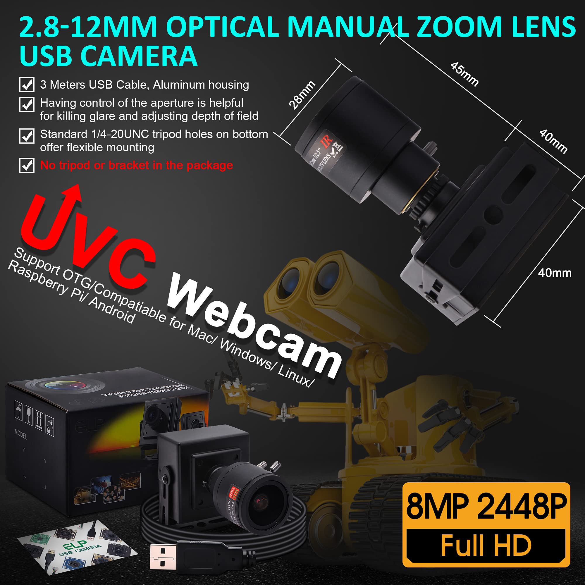 ELP Webcam da 8 megapixel con obiettivo Vario da 2,8 – 12 mm, fotocamera USB per computer, grandangolo, plug and play per desktop e laptop, 2448P IMX179 Sensor Streaming Webcam per Windows Android