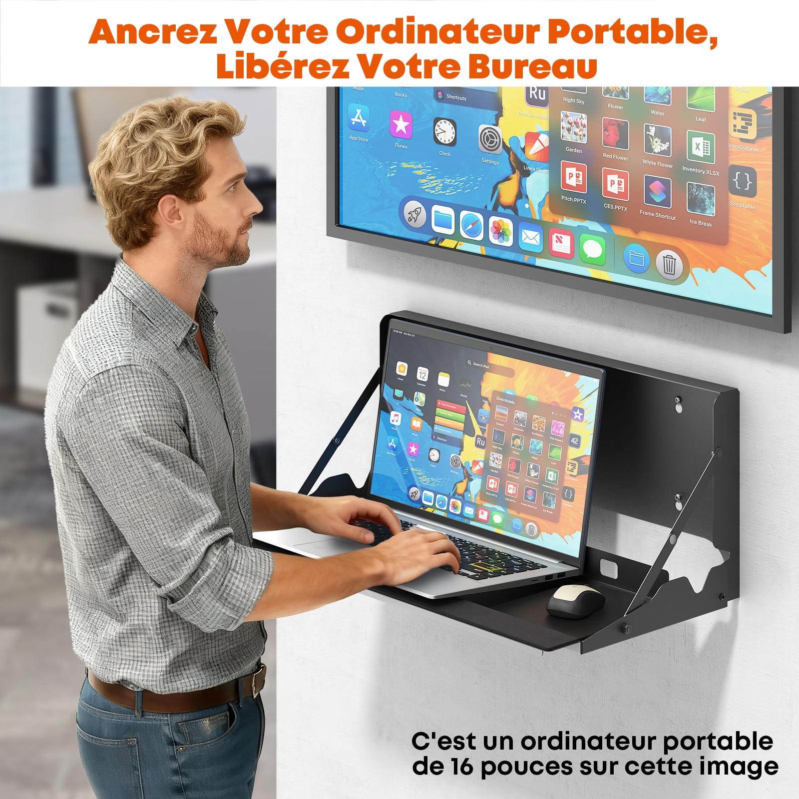 Plateau Clavier Escamotable Murale Ergonomique 61cm - Plateforme pour Clavier & Souris de Bureau et Maison - Gain de Place avec Tapis de Souris et Repose-Poignets, Capacité de Charge 10 kg, Noir