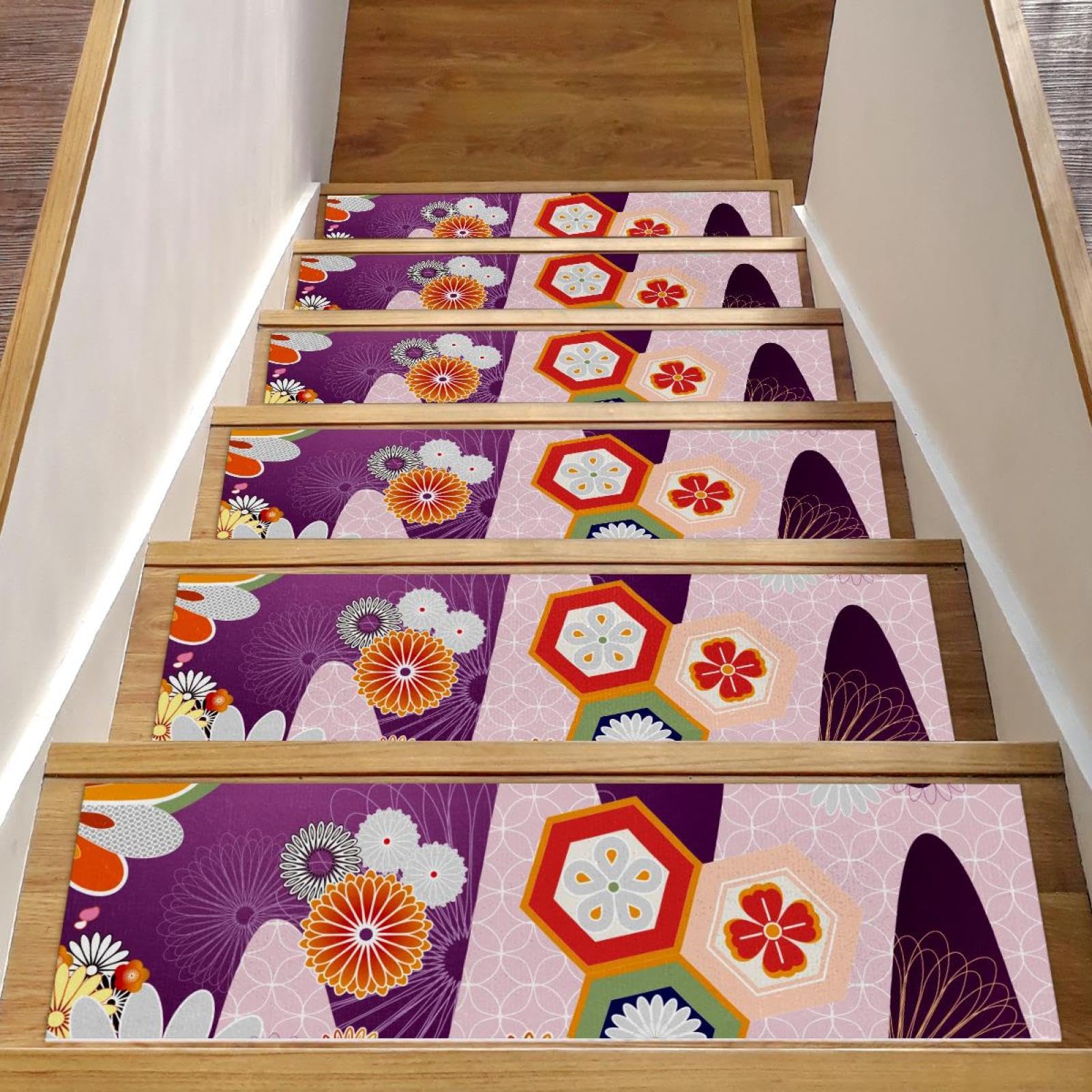 Alfombras de escalera interiores con patrón japonés de alta densidad decorativa, 15 unidades
