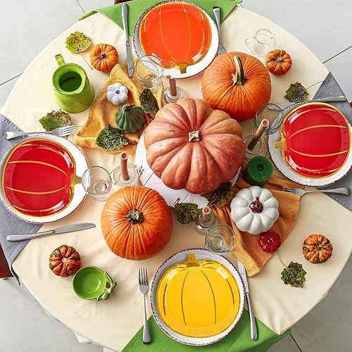 Miniatura 4 de Whaline 48 platos de papel de calabaza de otoño, platos desechables con forma de calabaza dorada, platos desechables rojos, naranjas, amarillos,