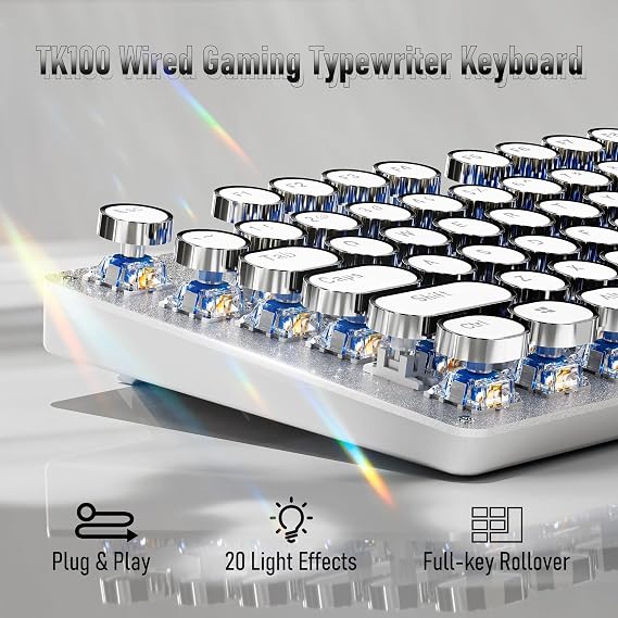 Wired Typewriter Style Mechanical Gaming Keyboard with White Backlit-White
