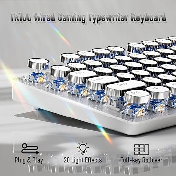 Wired Typewriter Style Mechanical Gaming Keyboard with White Backlit-White
