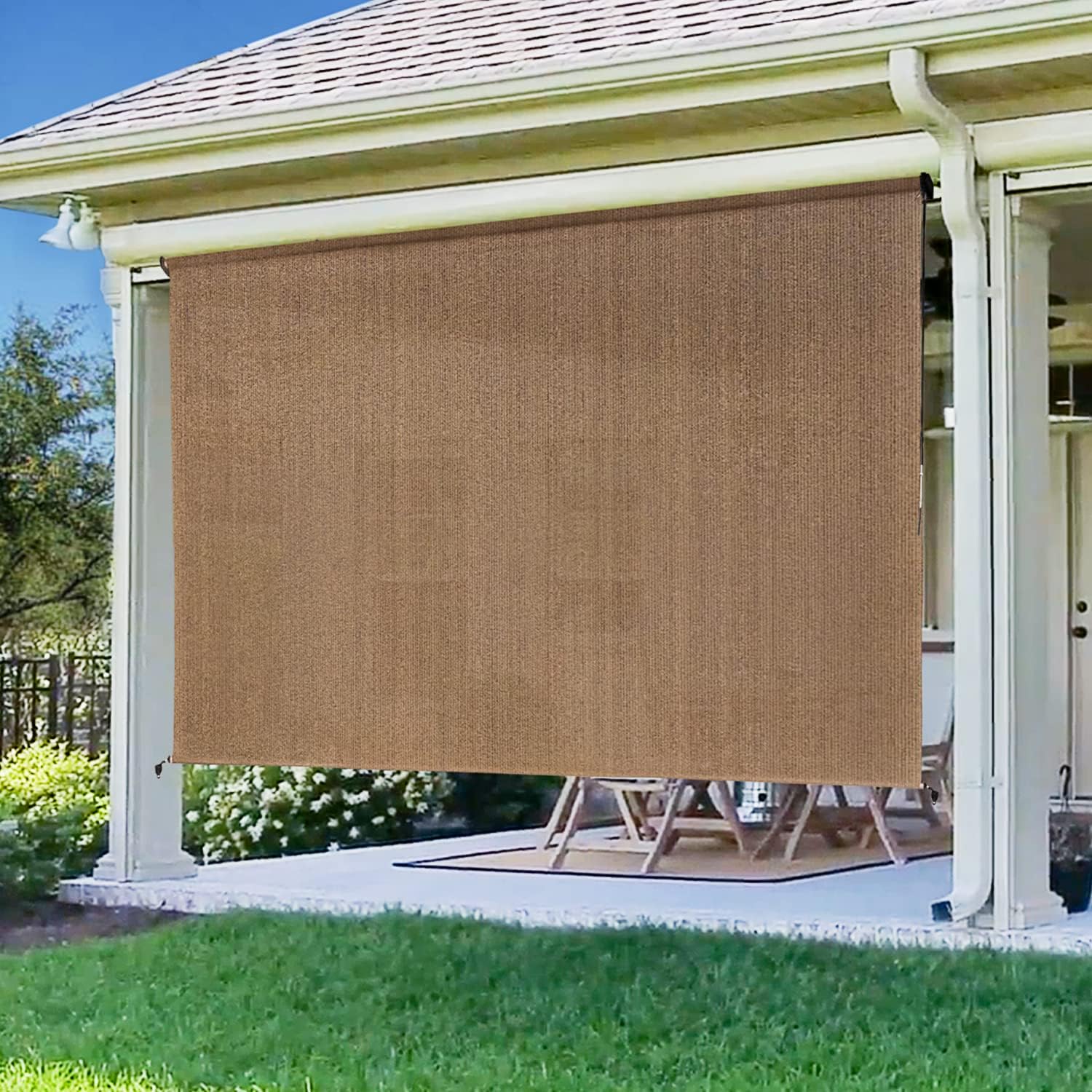 Artpuch Outdoor Roller Shade 7'(W) x6'(L) Fabric Blind Walnut Cordless Roll Up Shade, Wand Operation Exterior Roller Shade Cloth for Patio Porch Gazebo 7'(W)x6'(L) Walnut-cordless