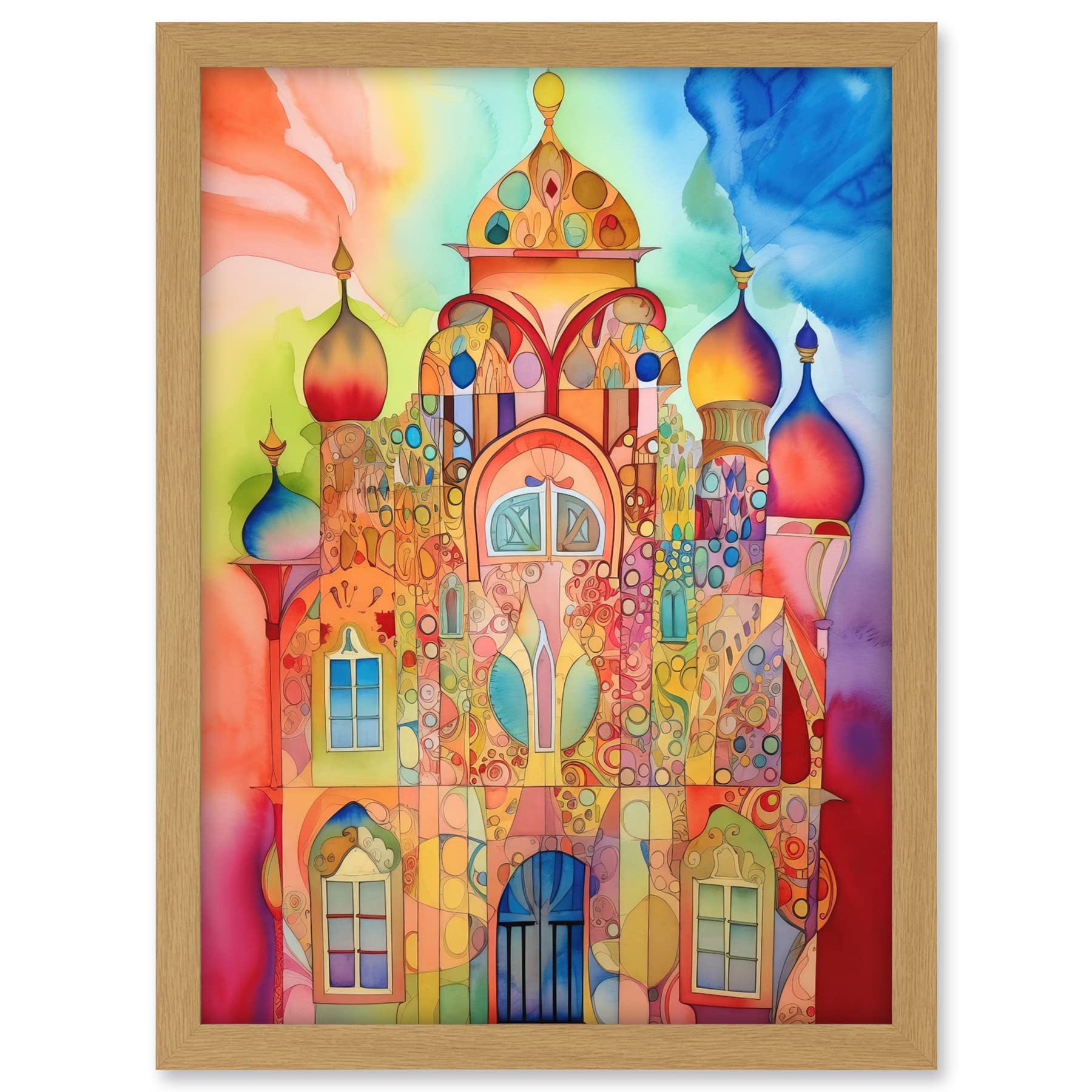 Artery8 Jewish Synagogue Decorated Building Vibrant Folk Art Watercolour Painting Artwork Framed A3 Wall Art Print