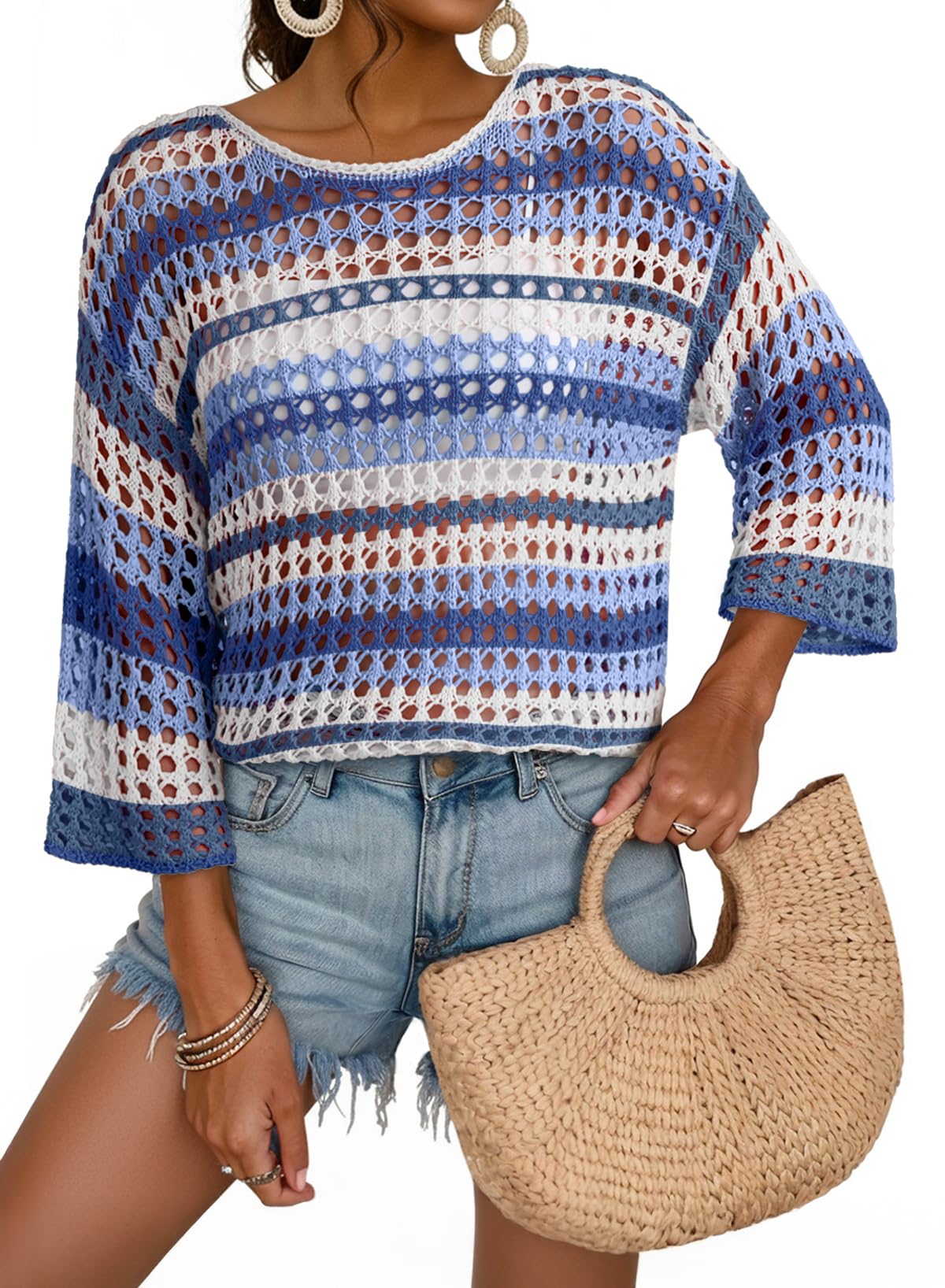 Dokotoo Womens Spring Summer 3 4 Sleeve Crochet Sweater Hollow Out Color Block Striped Tops Casual Beach Vacation