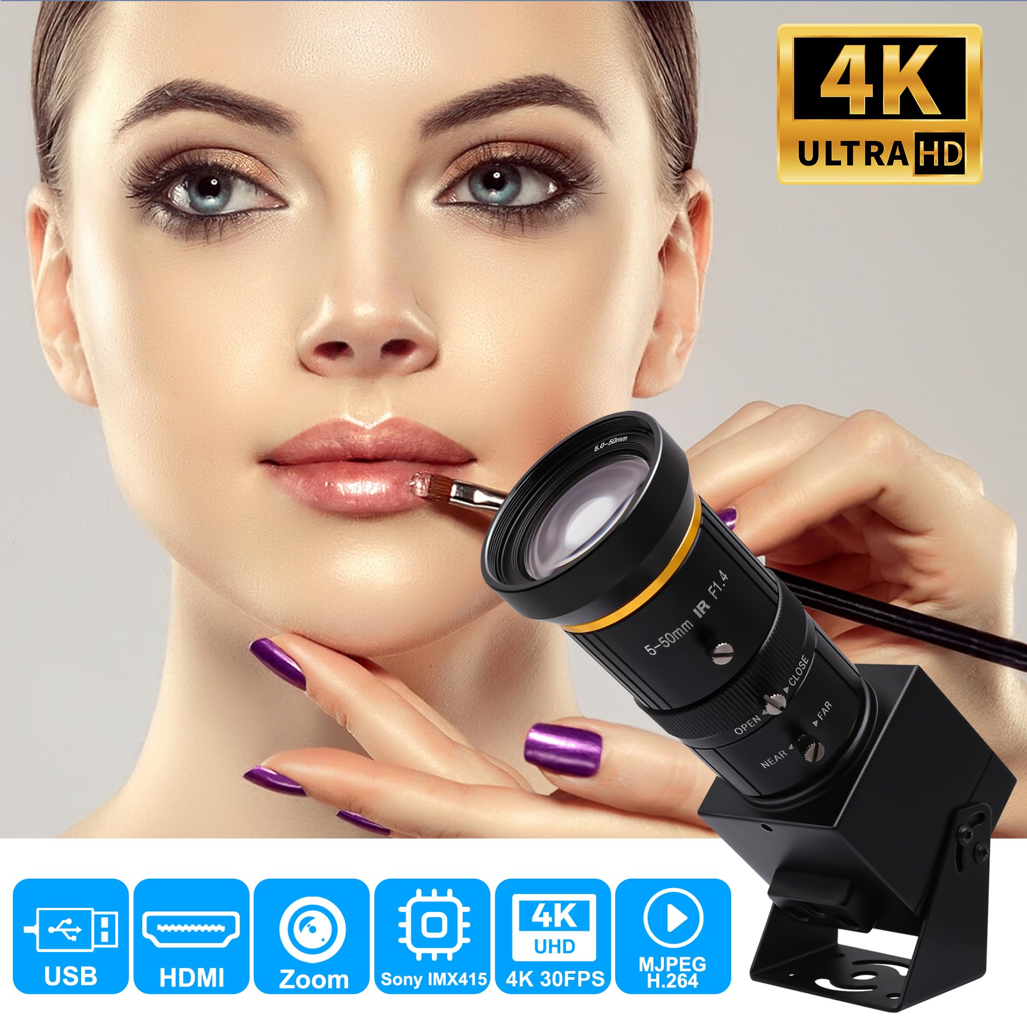 SVPRO Telecamera USB HDMI 4K con teleobiettivo da 5-50 mm, zoom ottico 10x, messa a fuoco manuale, webcam H.264 industriale, microscopio per visione computerizzata, per PC, monitor, TV, proiettore