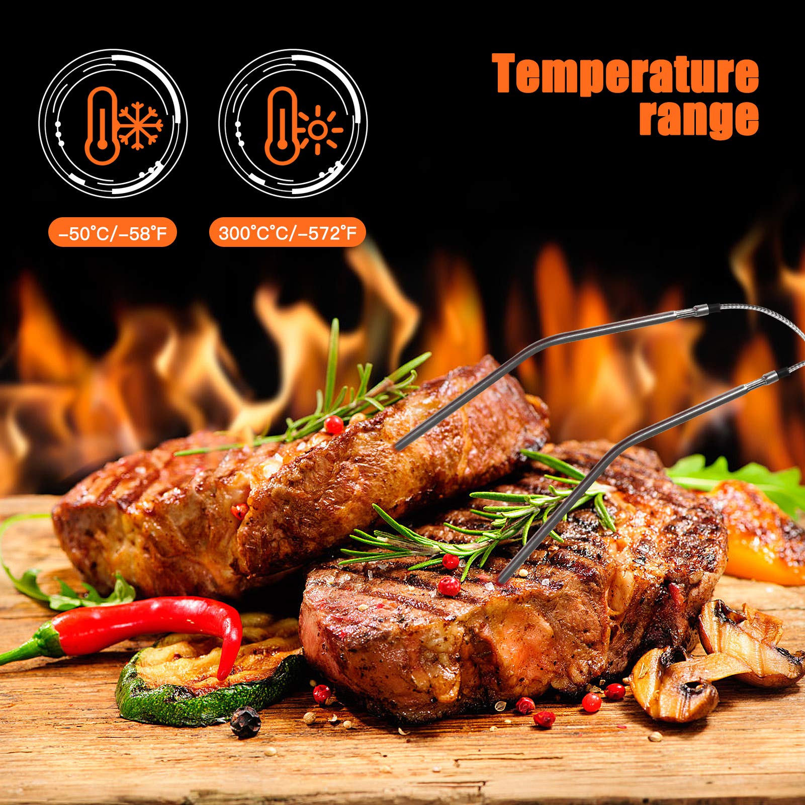Termómetro inalámbrico digital impermeable con lectura instantánea de alimentos y carne, con sondas dobles para cocina, parrilla, horno, barbacoa, color naranja