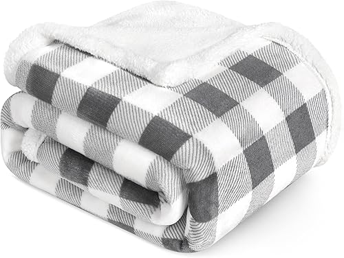 PAVILIA Manta Sherpa de Cuadros Buffalo Gris Claro para Sofá, Manta de Forro Polar Suave Gris Claro a Cuadros, Manta de Franela Suave y Mullida para