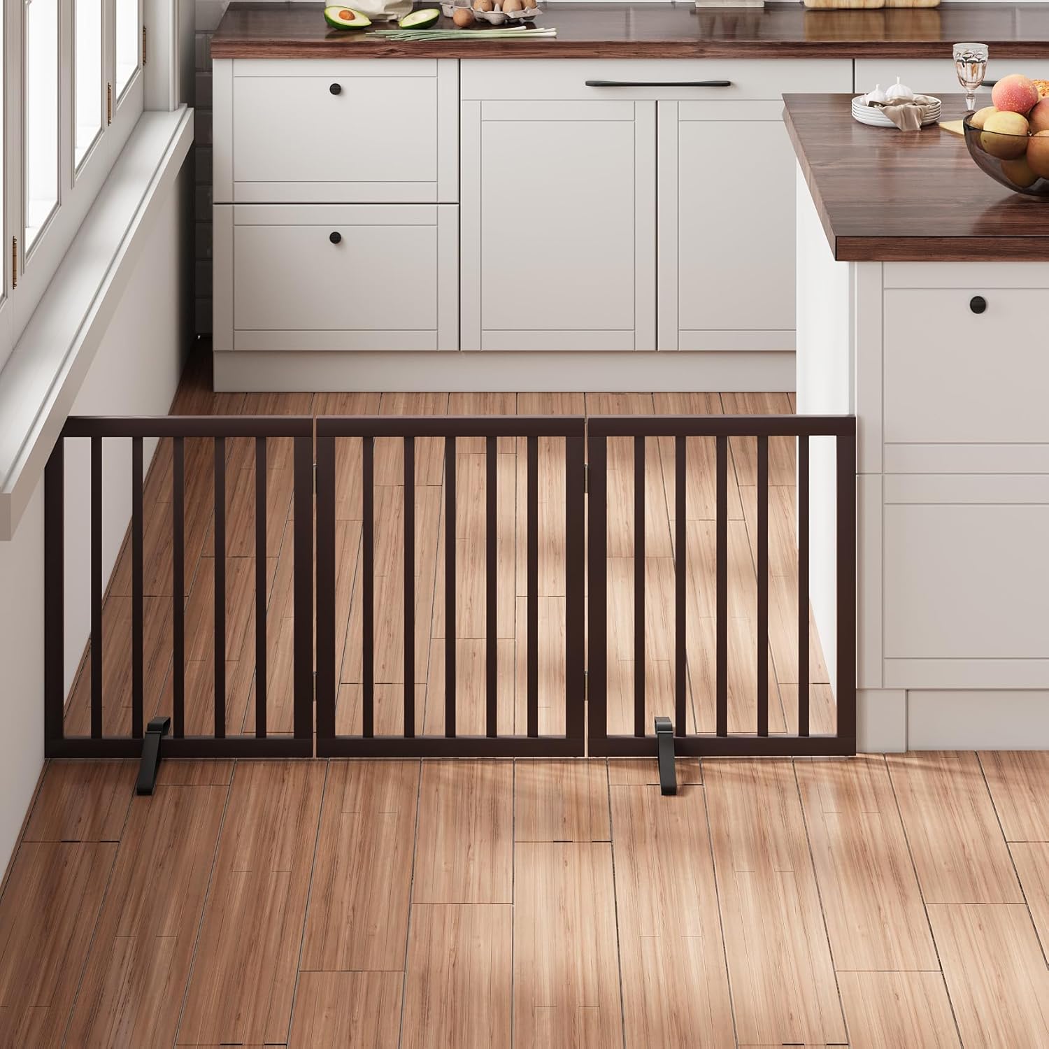 Brown 18-55" Wide Dog Gate, Bamboo Dog Gates for The House Doorways Stair, Freestanding Pet Gates for Dogs, Doogie Puppy Fence Gate Bamboo Dog Gate Brown 3 Panel - 55 inches Wide