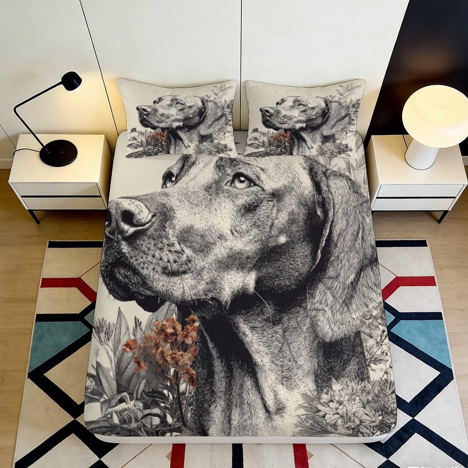 3D Printed Great Dane Dog Fitted Sheet Microfiber Soft Breathable Botanical Mattress Cover for Bedroom Decor 90x200x25cm