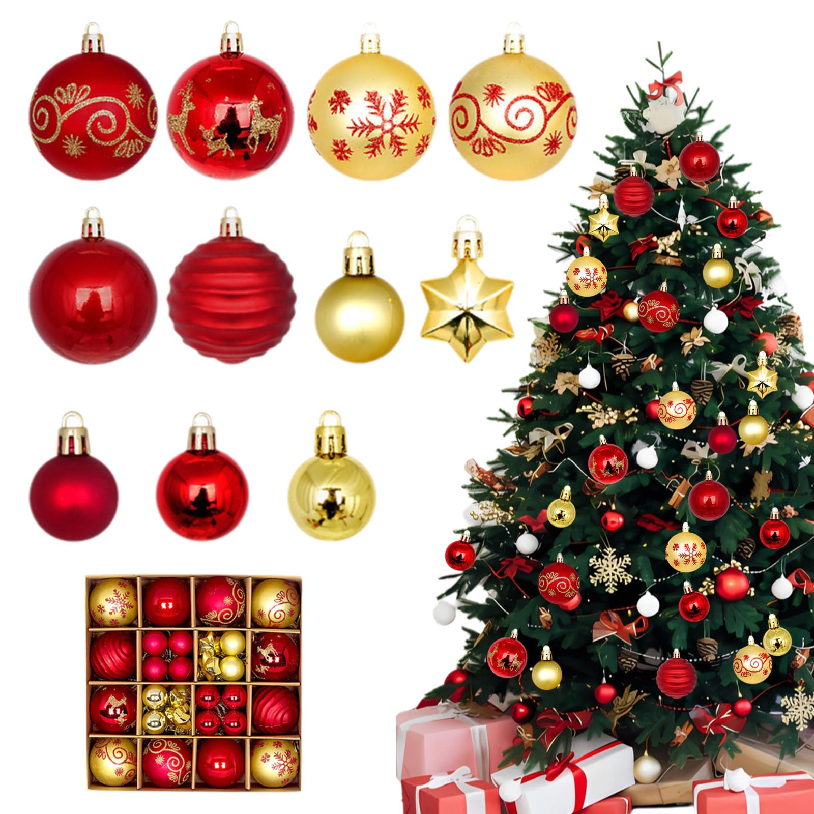 Bolas navideñas de plástico, Bolas de Adornos Rojos Dorados, Juego de 44 Adornos para árboles de Navidad, Set de Bolas navideñas de plástico Muchos Estilos y tamaños incluidos