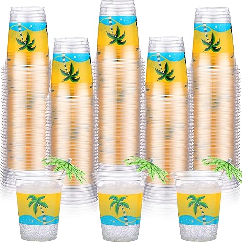 Rtteri 100 vasos Luau de plástico de 12 onzas para beber de árbol de coco hawaiano a granel, vasos desechables de palmera Tiki para verano,