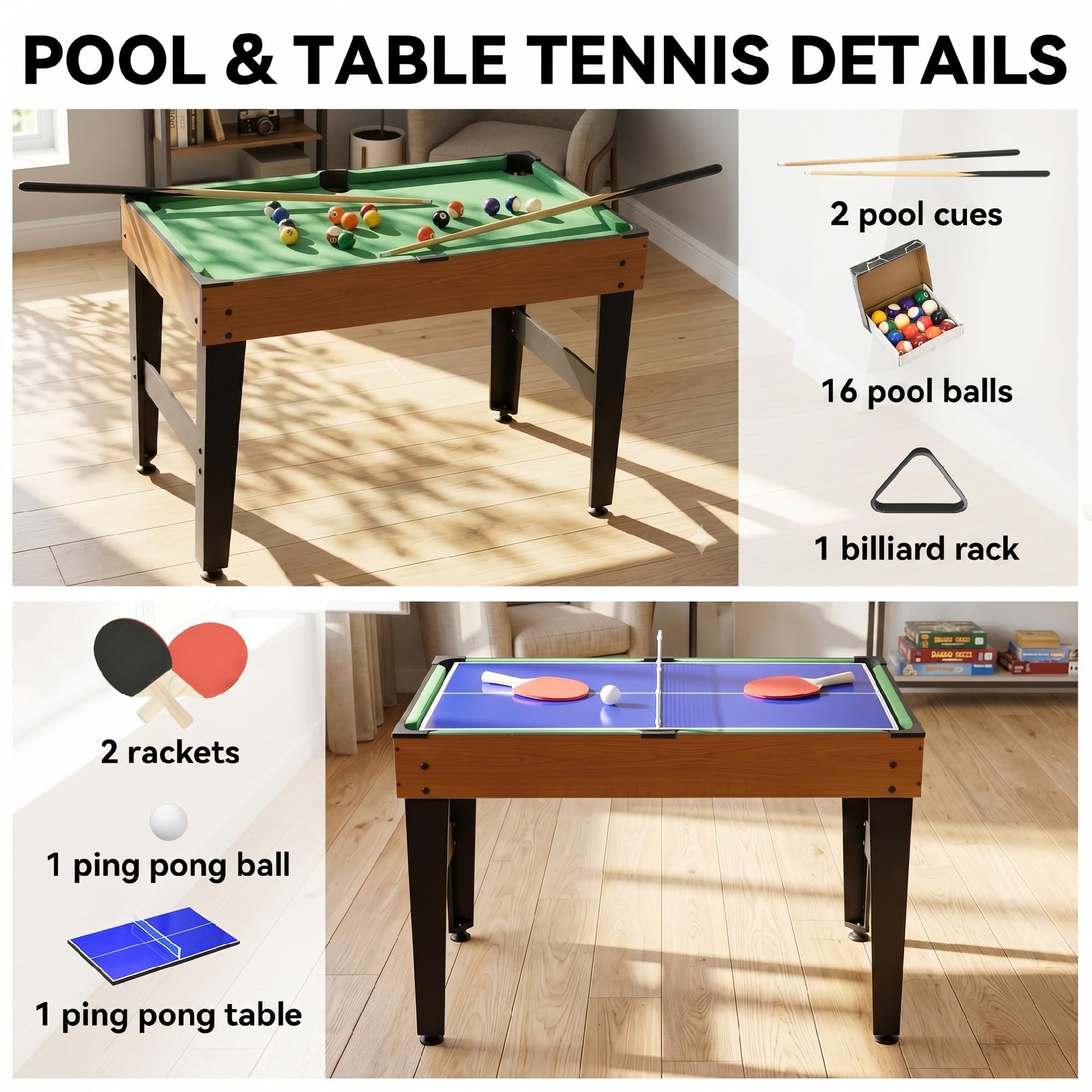 HOMCOM Multi Spieltisch 4-in-1 Tisch mit Tischtennis, Billardtisch, Tischfußball und Zubehör Multifunktionstisch für Erwachsene 107 x 61 x 84,5 cm Schwarz Naturholz