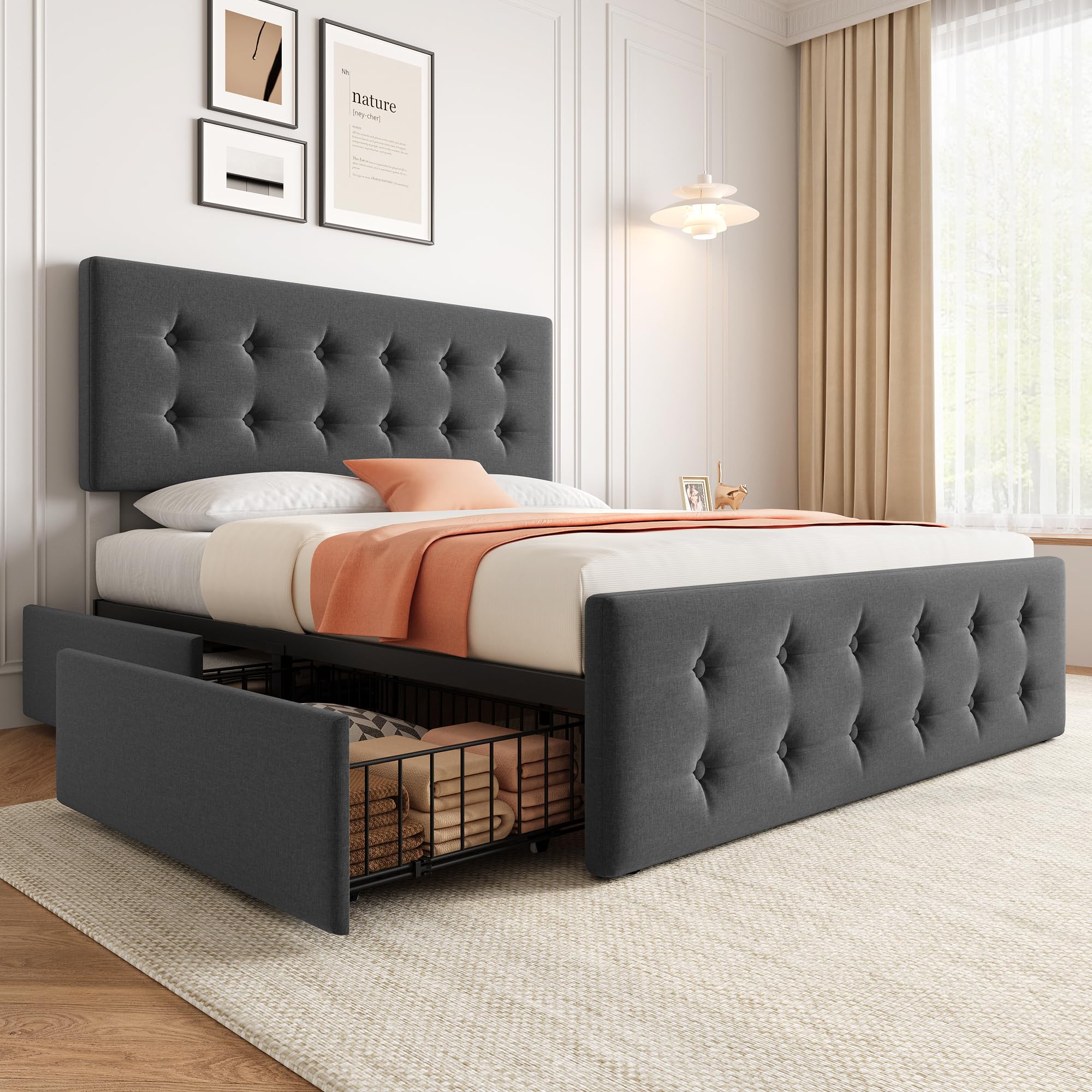 GarveeHome Full Size Bed Frame with 4 Storage Drawers and Headboard, Linen Upholstered Platform Bed Frame with Wooden Slats Support, Button Tufted