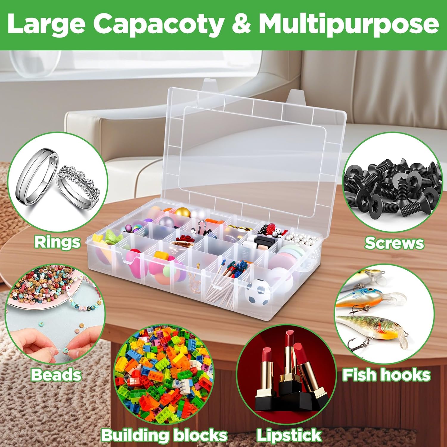 2 Pack 24 Grids Clear Plastic Bead Organizer Box, Fishing Tackle Box Compartment Organizer with Adjustable Dividers for Jewelry, Art Craft, Bead Storage Containers - Image 8