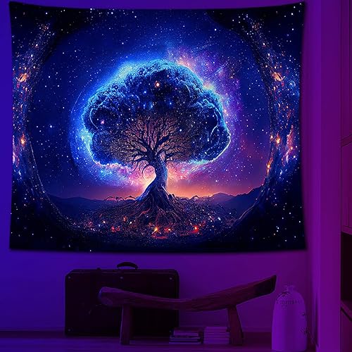Miniatura 5 de Atrippy Tapiz de luz negra, árbol de la vida, tapiz de pared con espacio reactivo a los rayos UV, tapiz de galaxia, tapiz de noche estrellada,