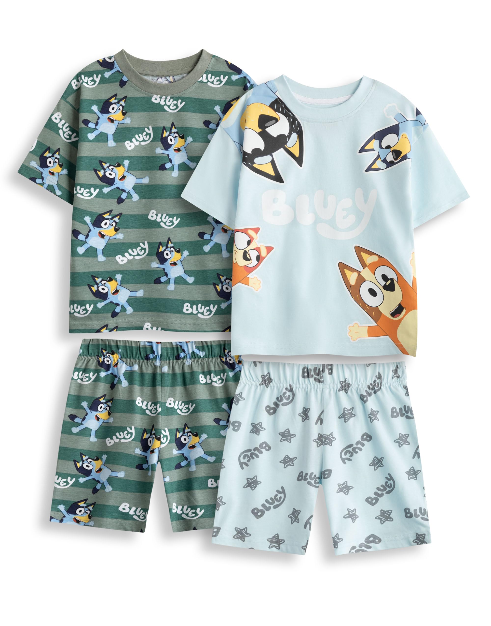 Bluey & Bingo Boys Pyjama Set in Green and Blue | Multi-Pack of 2 Short Sleeve Short Leg Sleepwear | Cartoon Character Pjs | Kids Fun Sleepwear Set - 5-6 Years