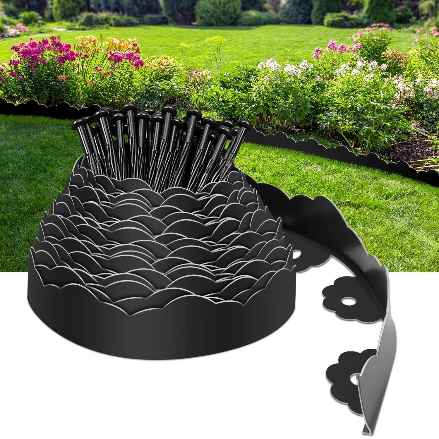 Garden Edging Border, Black Flexible Lawn Edging, 7CM High Lawn Edging Border with 30 Pegs, Landscape Edging Kit for Flowerbeds Grass Edging Pathway Yard (Waves 10M/33FT)