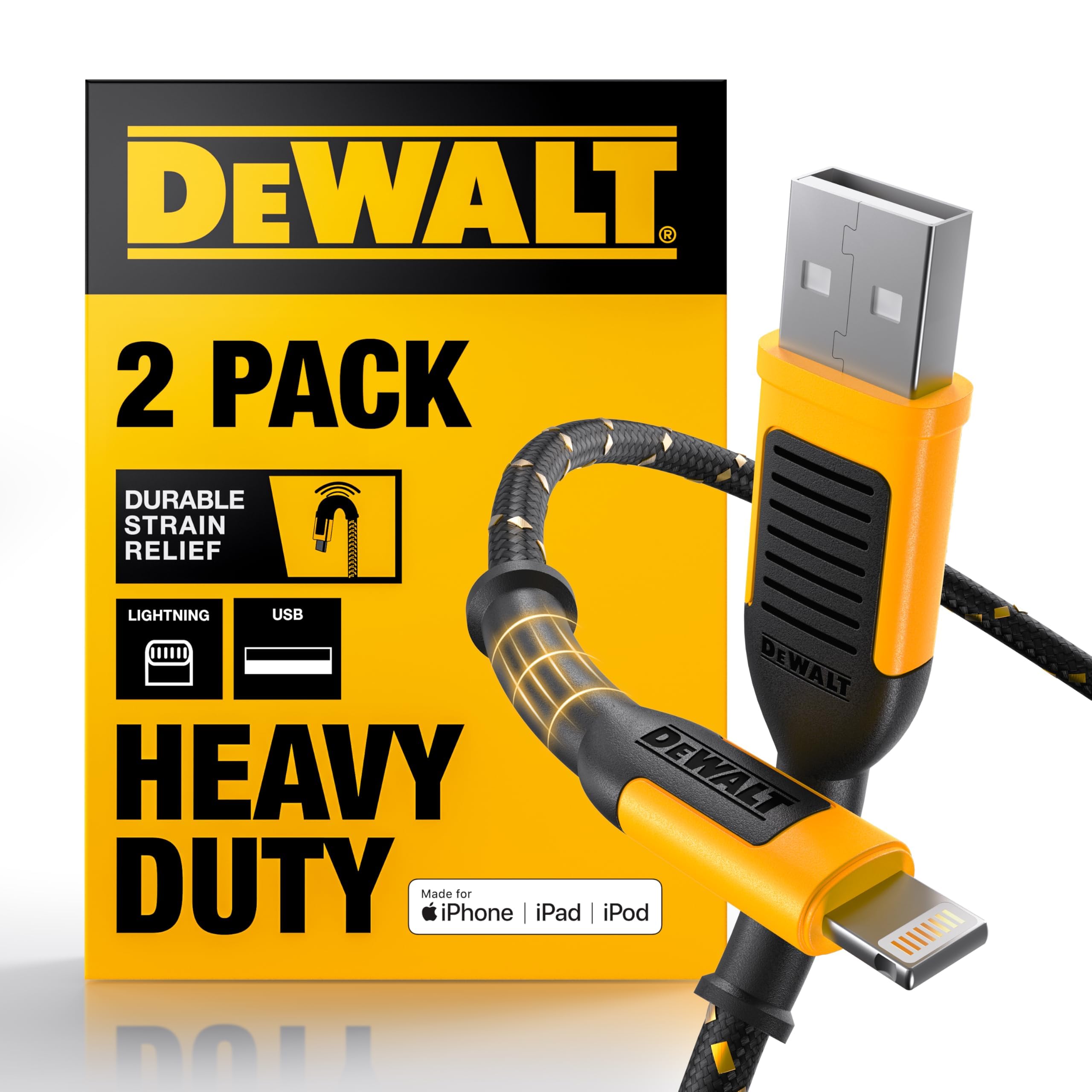 DEWALT Heavy Duty Cavo di Ricarica per iPhone, Confezione da 2, [Certificato Apple MFi], Cavo Lightning a USB da 1,2 m, Ricarica Rapida Compatibile con iPhone 14/13/12/11/13 Pro/13 Pro Max