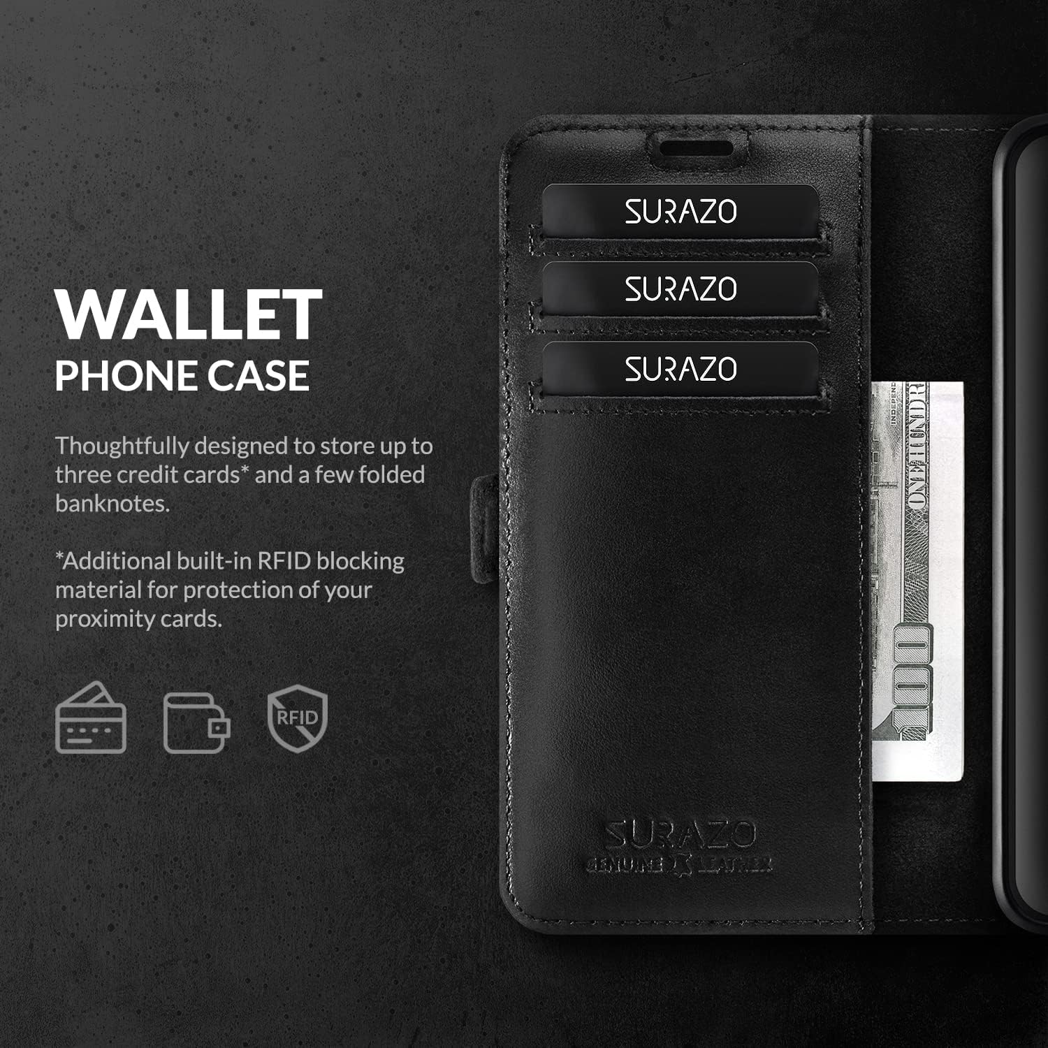 SURAZO Leather Case Compatible with iPhone 15 Pro Max Case Wallet Leather Genuine - RFID 3 Card Slots & Cash Pocket - Secure Magnetic Closure Pro Max Stand Function - Flip Cover - Screen Protector