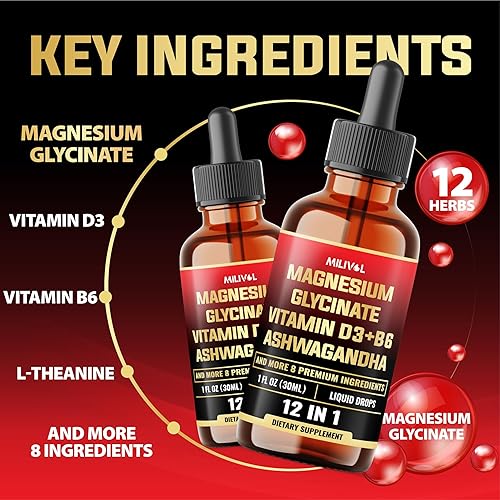 Miniatura 3 de Gotas líquidas de glicinato de magnesio 12 en 1, suplemento de complejo de magnesio de absorción maximizada, raíz de ashwagandha, suplemento de
