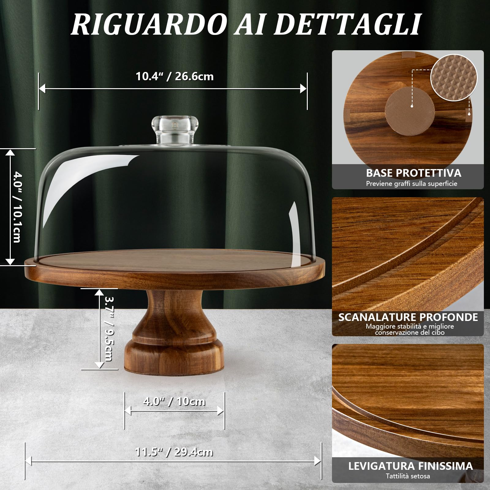 ANBOXIT Alzata Torta con Coperchio, Alzatina per Dolci in Legno di Acacia, Alzata per Dolci in Plastica, Espositore per torte con Cupola in Acrilico, Alzata per Torta Decorativa in Legno (Piedi)