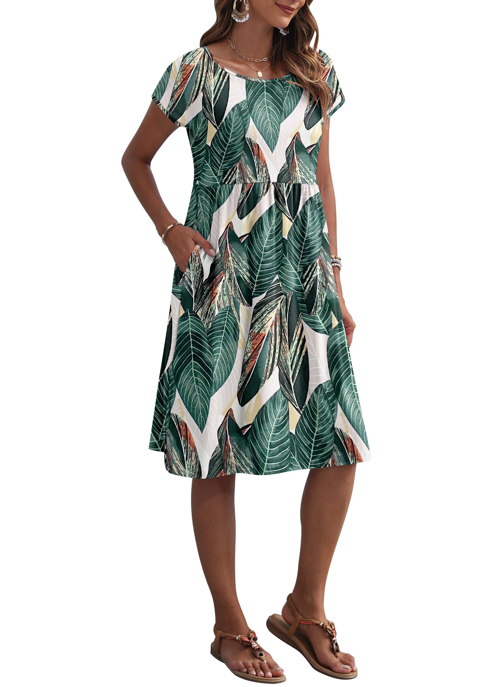 AUSELILY Vestito Estivo da Donna a Maniche Corte Abiti Casual Larghi Abito al Ginocchio con Scollo a Girocollo e Tasche