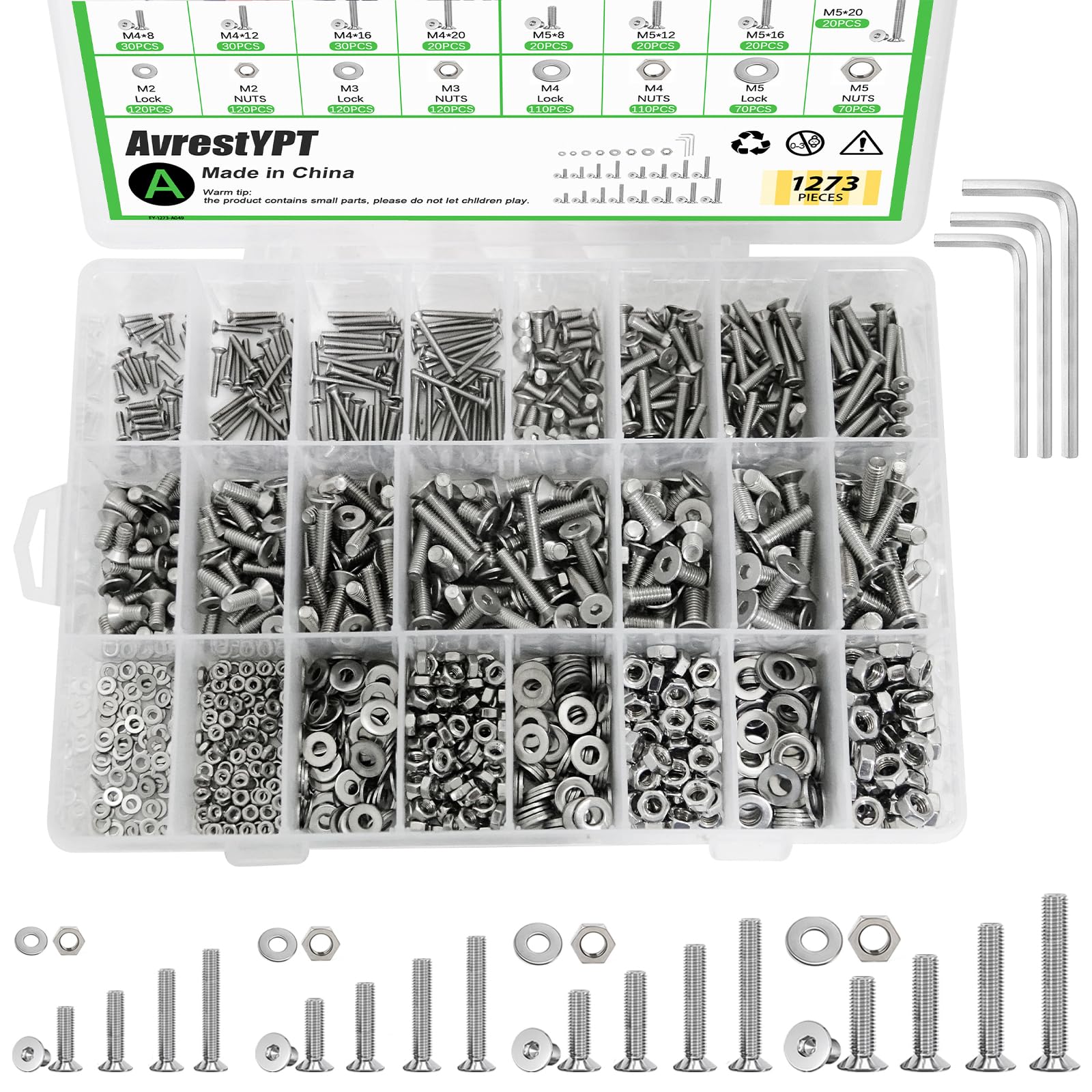 1270Pcs 410 Stainless Steel M2 M3 M4 M5 Screw Kit - 3D Printer Mini Screw, Allen Head/Flat Head/Countersunk Bolt/Screws, Metric Bolts Assortment,